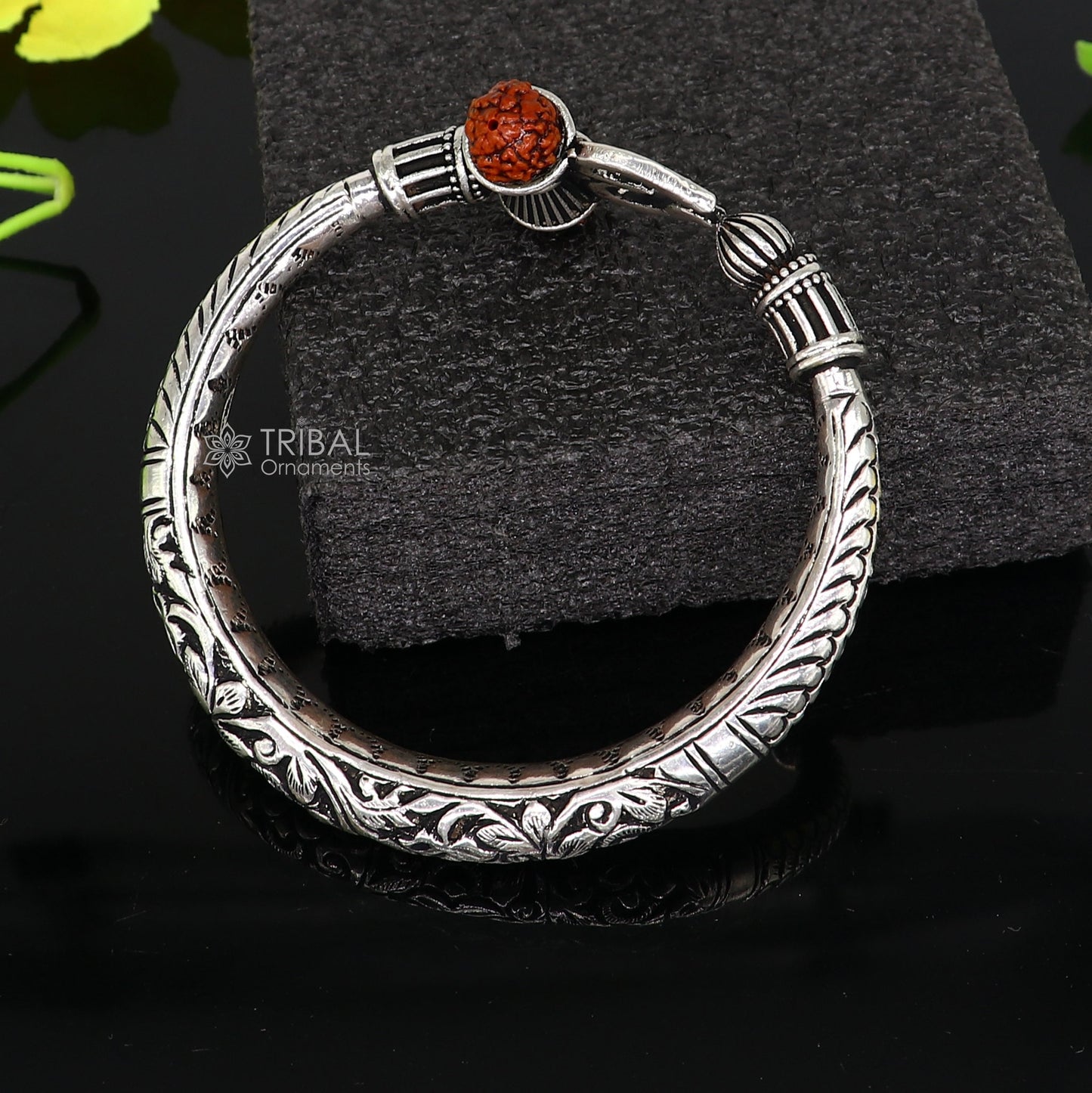 925 Sterling silver handmade Vintage style chitai work Lord Shiva trident trishul kada bangle bracelet with Rudraksha customized kada nsk767 - TRIBAL ORNAMENTS