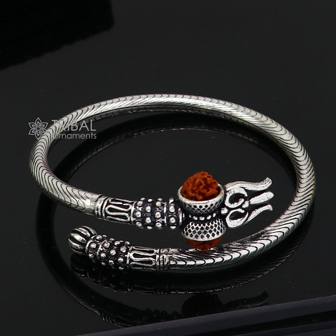 925 Sterling silver handmade Vintage style unique work Lord Shiva trident trishul kada bangle bracelet with Rudraksha customized kada nsk769 - TRIBAL ORNAMENTS