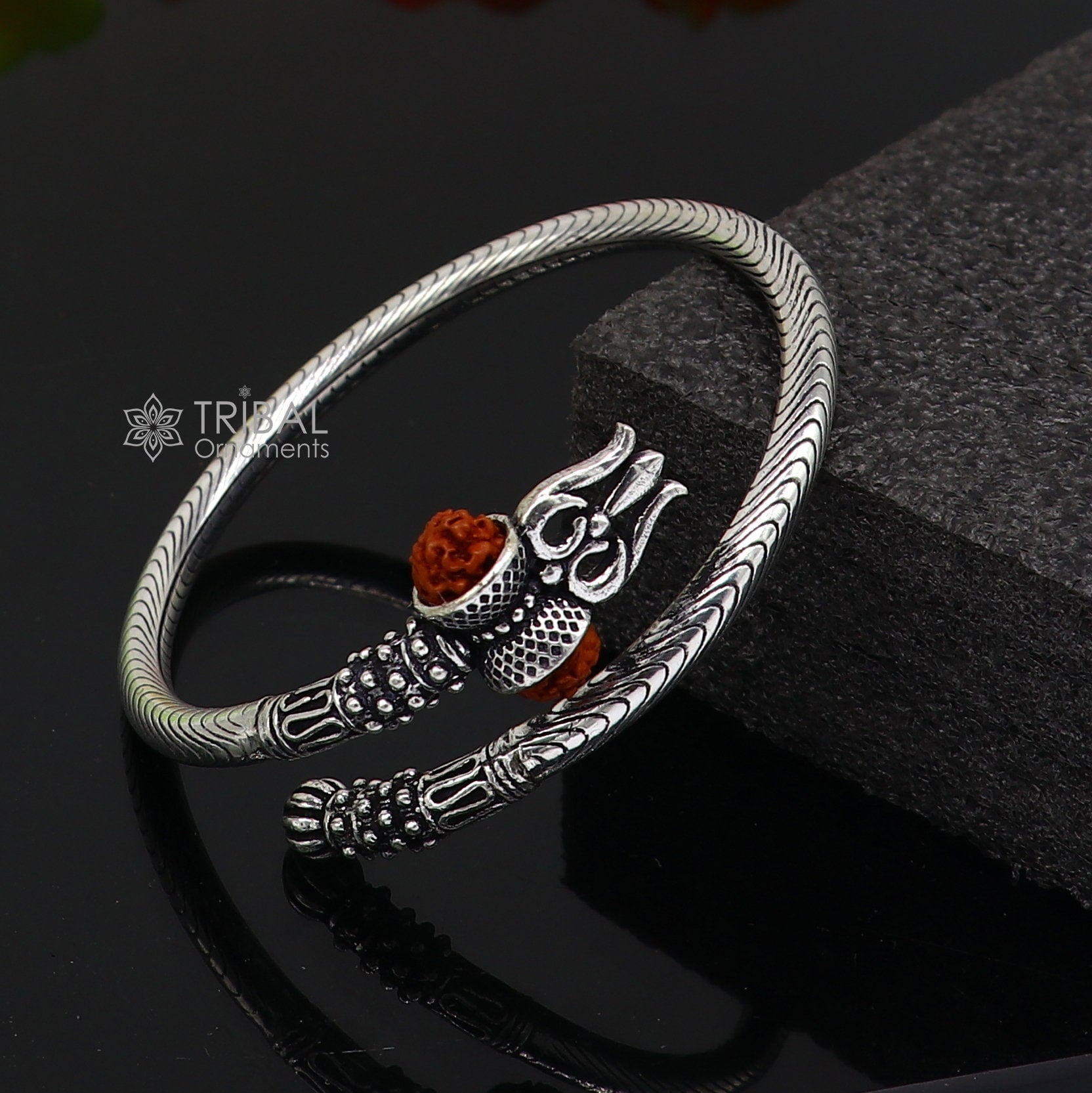 925 Sterling silver handmade Vintage style unique work Lord Shiva trident trishul kada bangle bracelet with Rudraksha customized kada nsk769 - TRIBAL ORNAMENTS