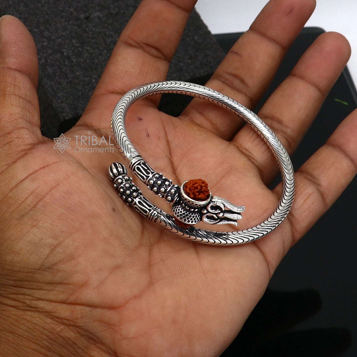 925 Sterling silver handmade Vintage style unique work Lord Shiva trident trishul kada bangle bracelet with Rudraksha customized kada nsk769 - TRIBAL ORNAMENTS