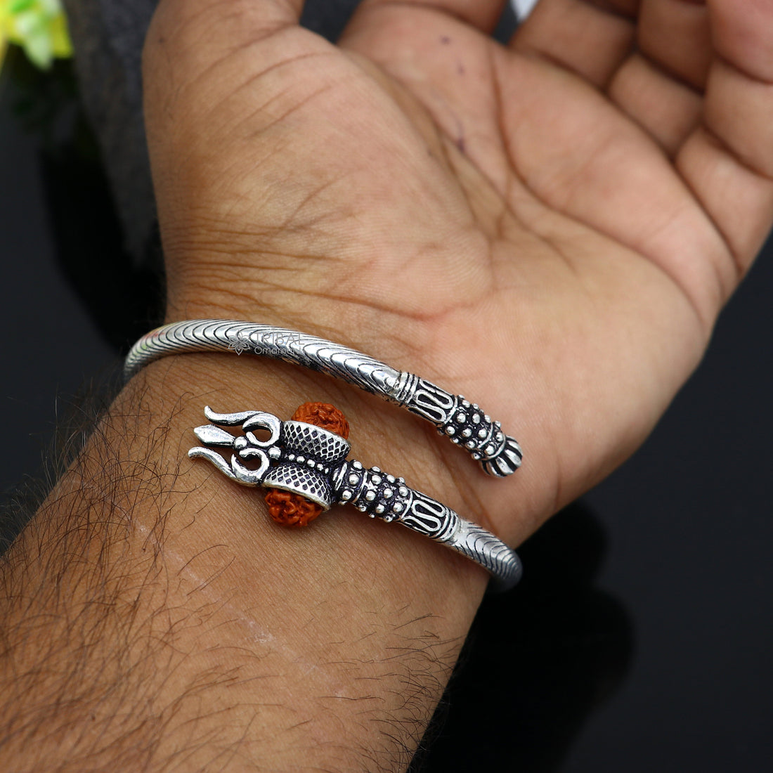 925 Sterling silver handmade Vintage style unique work Lord Shiva trident trishul kada bangle bracelet with Rudraksha customized kada nsk769 - TRIBAL ORNAMENTS
