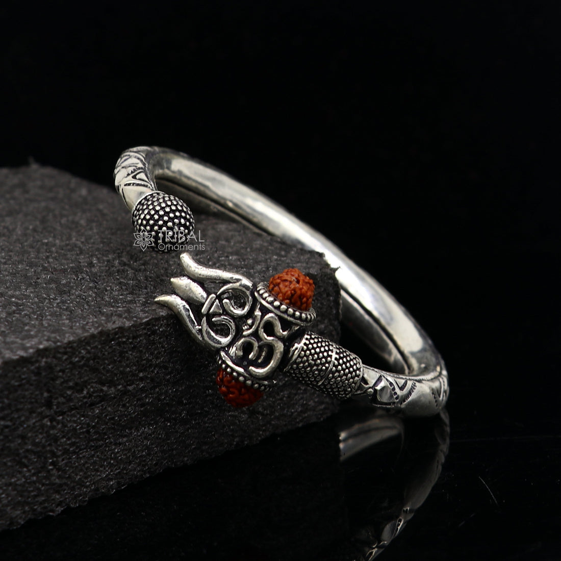 925 Sterling silver handmade Vintage style unique work Lord Shiva trident trishul kada bangle bracelet with Rudraksha customized kada nsk770 - TRIBAL ORNAMENTS