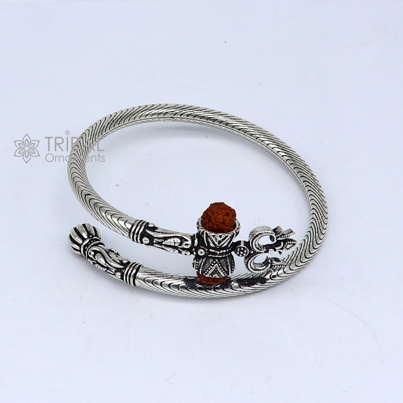 925 sterling silver gorgeous Lord shiva trident trishool kada bangle bracelet with fabulous natural rudraksha  antique jewelry nsk771 - TRIBAL ORNAMENTS