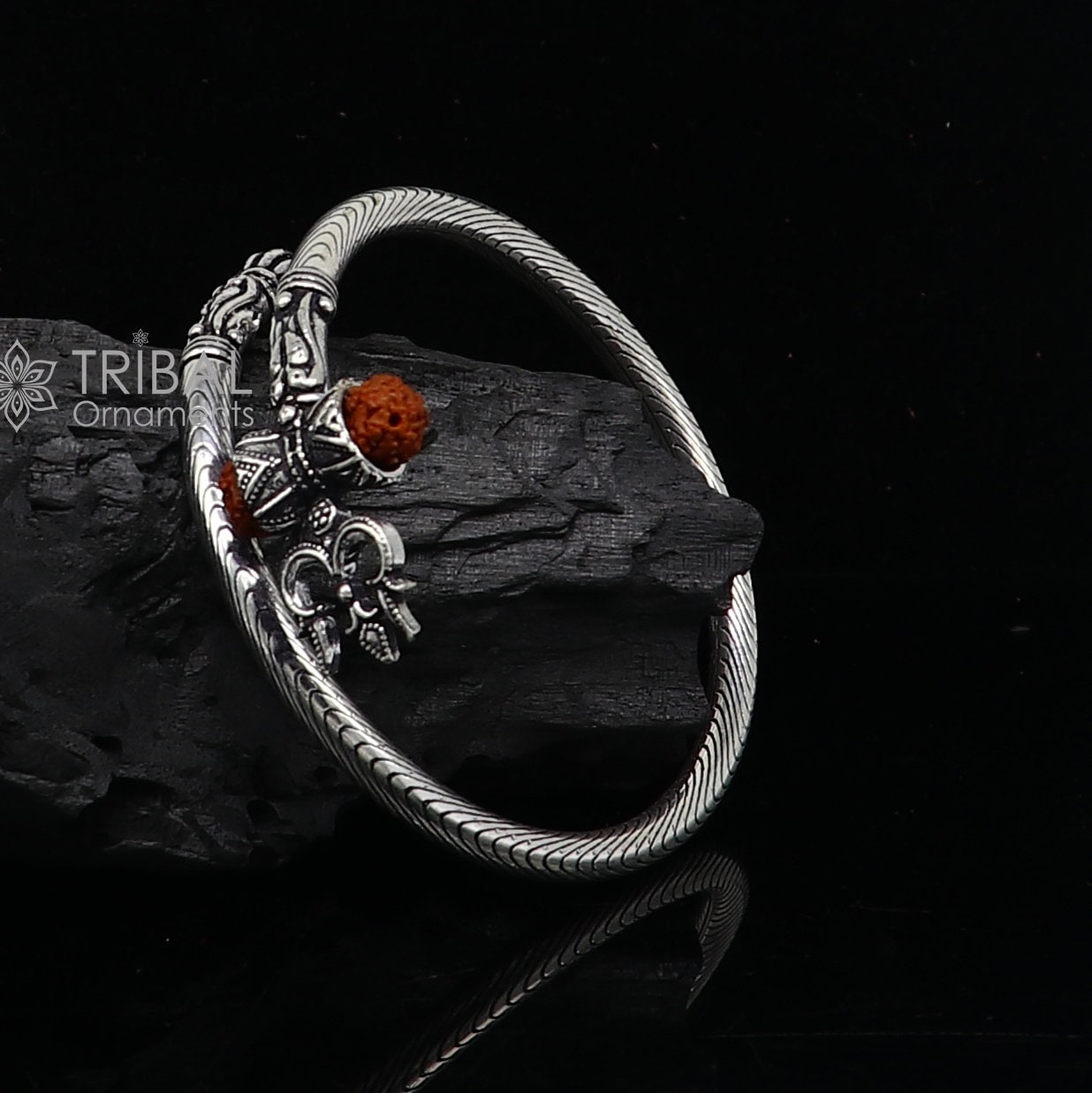 925 sterling silver gorgeous Lord shiva trident trishool kada bangle bracelet with fabulous natural rudraksha  antique jewelry nsk771 - TRIBAL ORNAMENTS