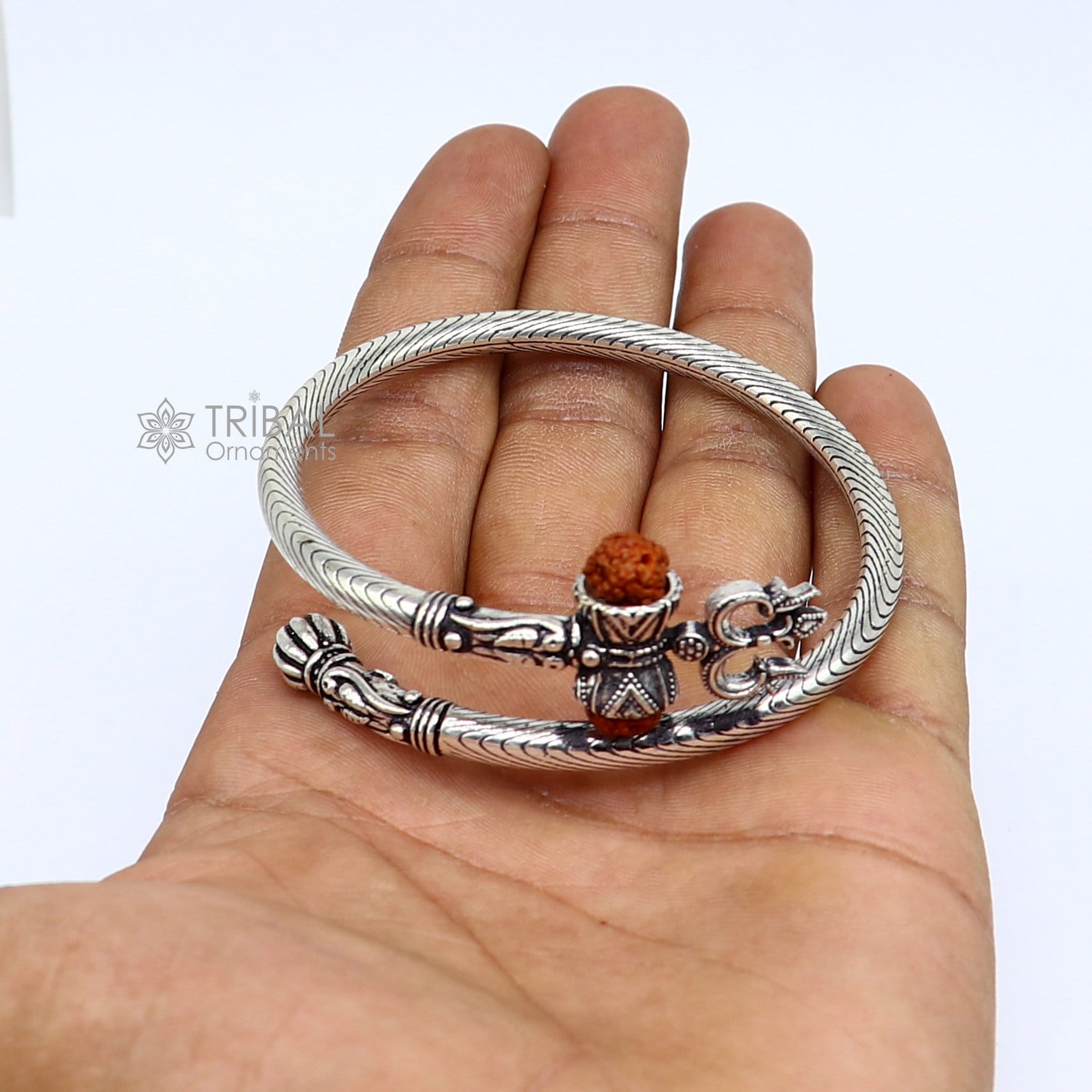 925 sterling silver gorgeous Lord shiva trident trishool kada bangle bracelet with fabulous natural rudraksha  antique jewelry nsk771 - TRIBAL ORNAMENTS