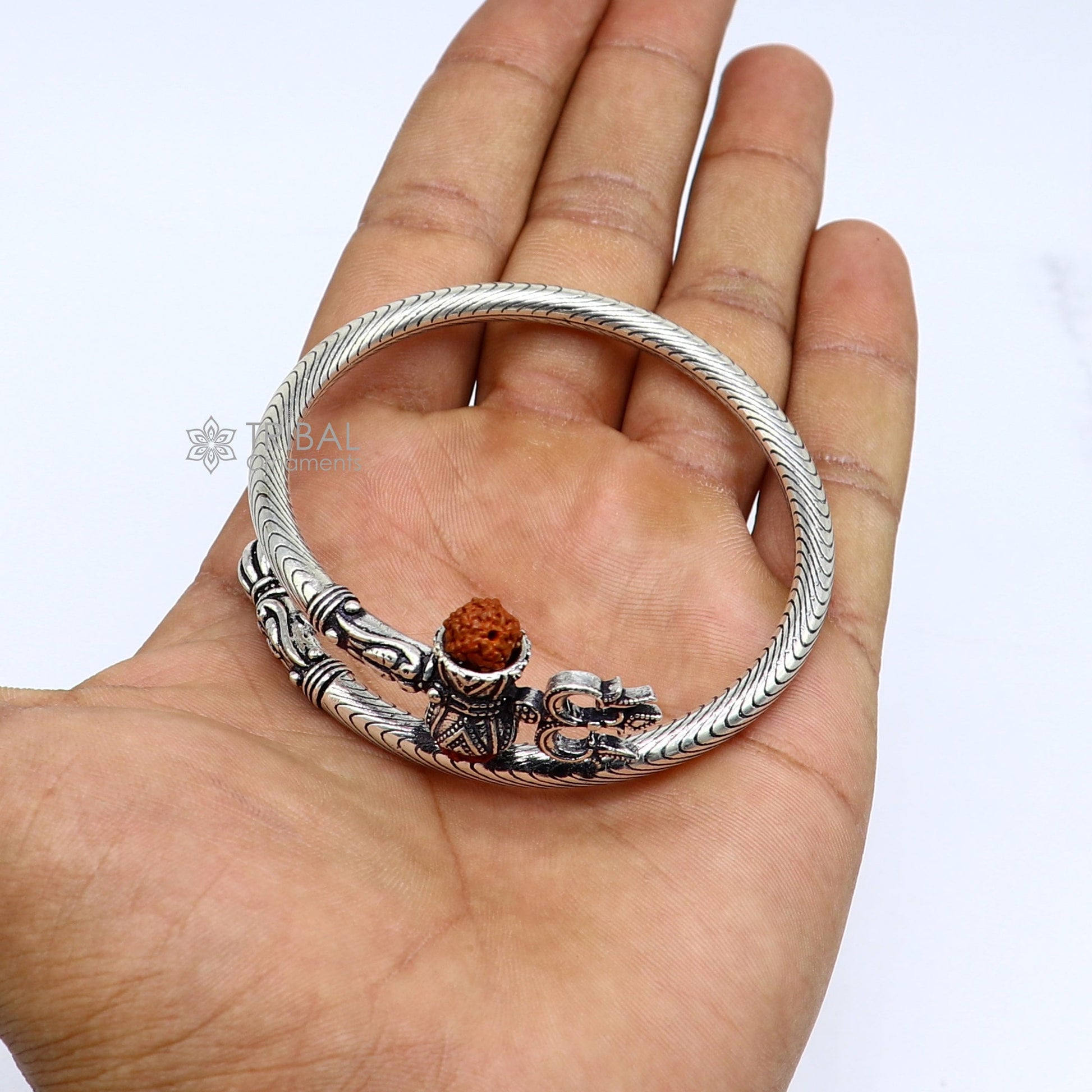 925 sterling silver gorgeous Lord shiva trident trishool kada bangle bracelet with fabulous natural rudraksha  antique jewelry nsk771 - TRIBAL ORNAMENTS