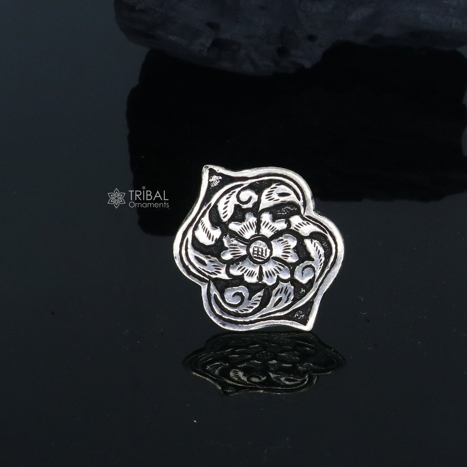 Traditional cultural flower design 925 sterling silver adjustable ring, best tribal ethnic jewelry for belly dance Navratri jewelry sr384 - TRIBAL ORNAMENTS