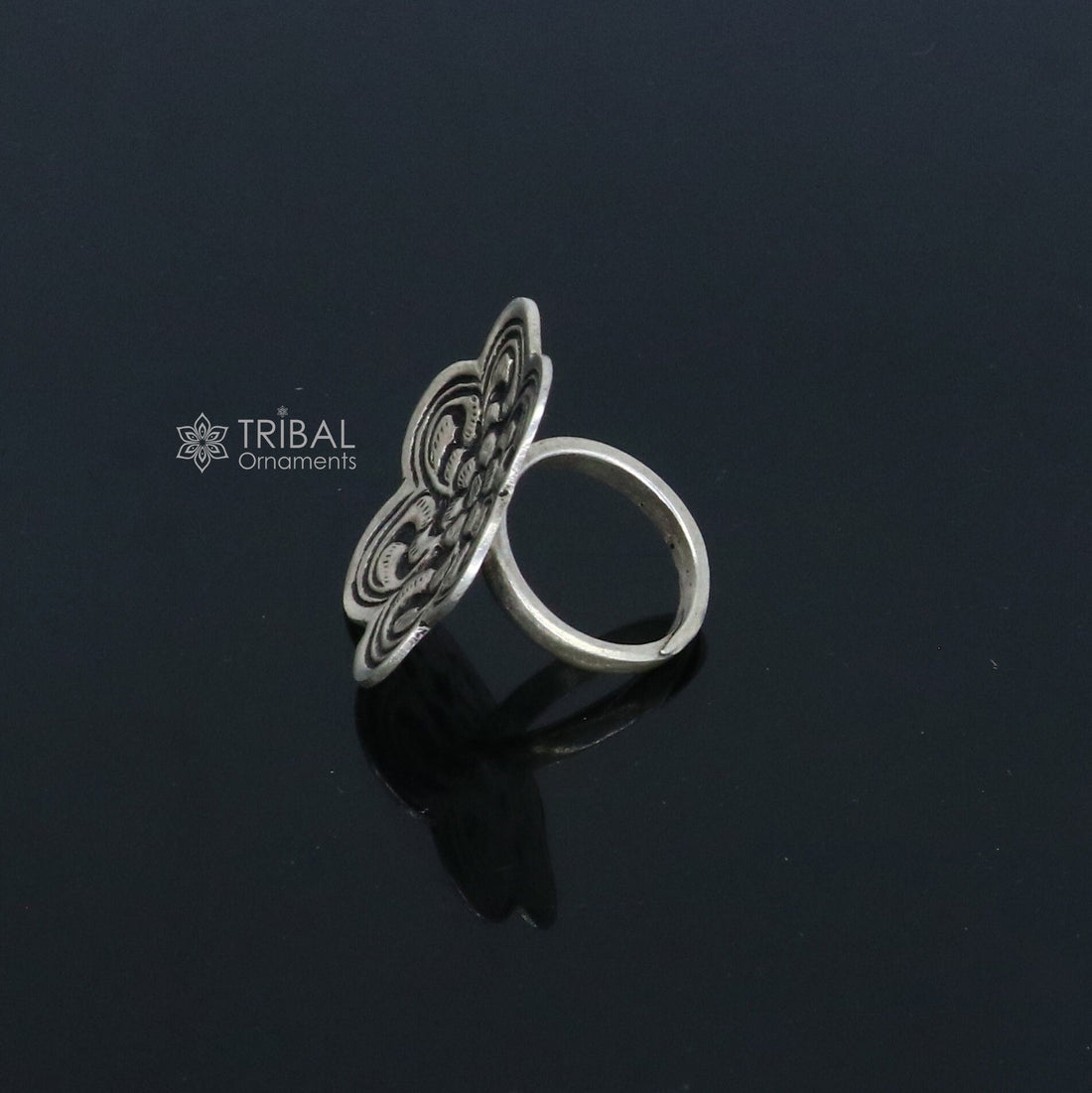 Traditional cultural flower design 925 sterling silver adjustable ring, best tribal ethnic jewelry for belly dance Navratri jewelry sr385 - TRIBAL ORNAMENTS