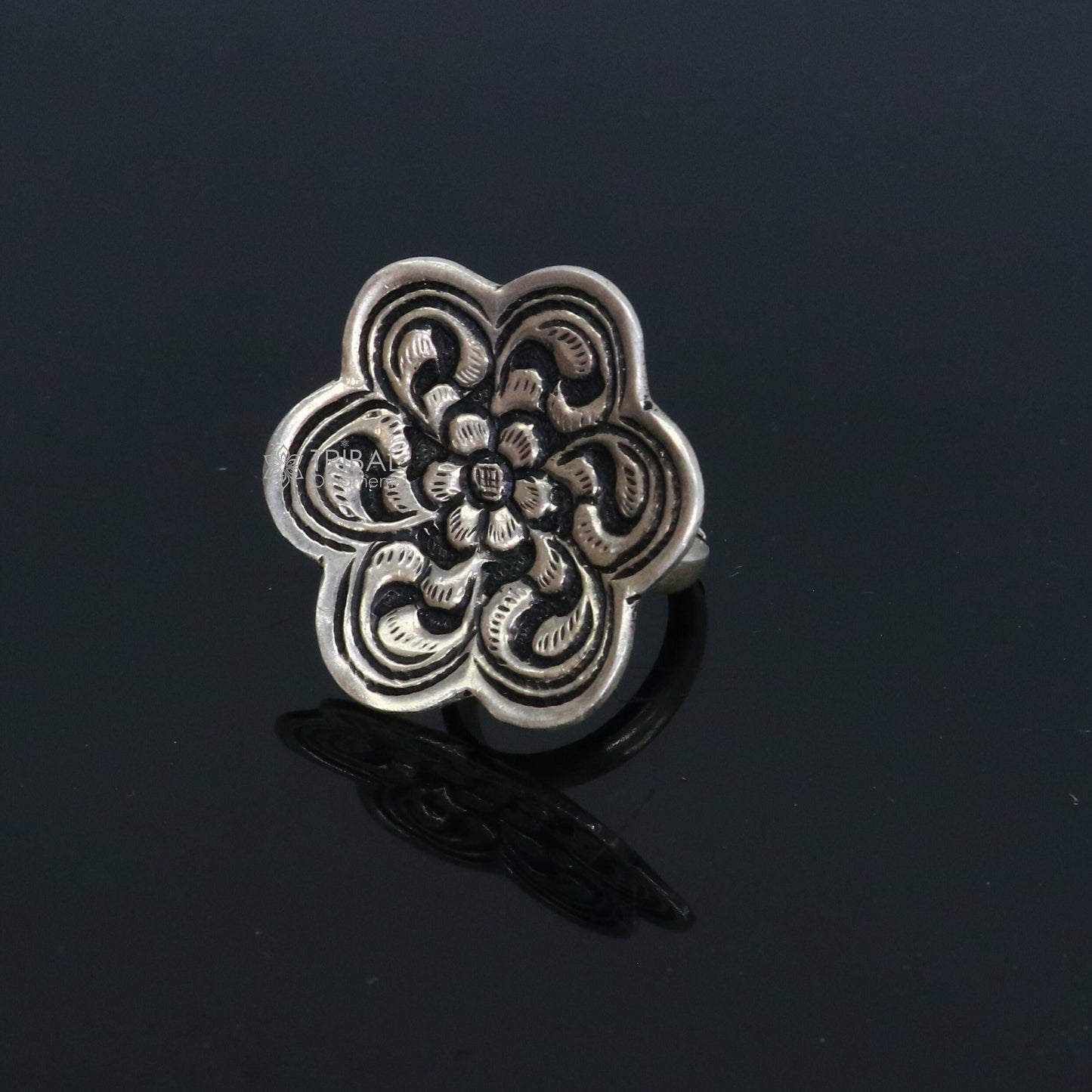 Traditional cultural flower design 925 sterling silver adjustable ring, best tribal ethnic jewelry for belly dance Navratri jewelry sr385 - TRIBAL ORNAMENTS