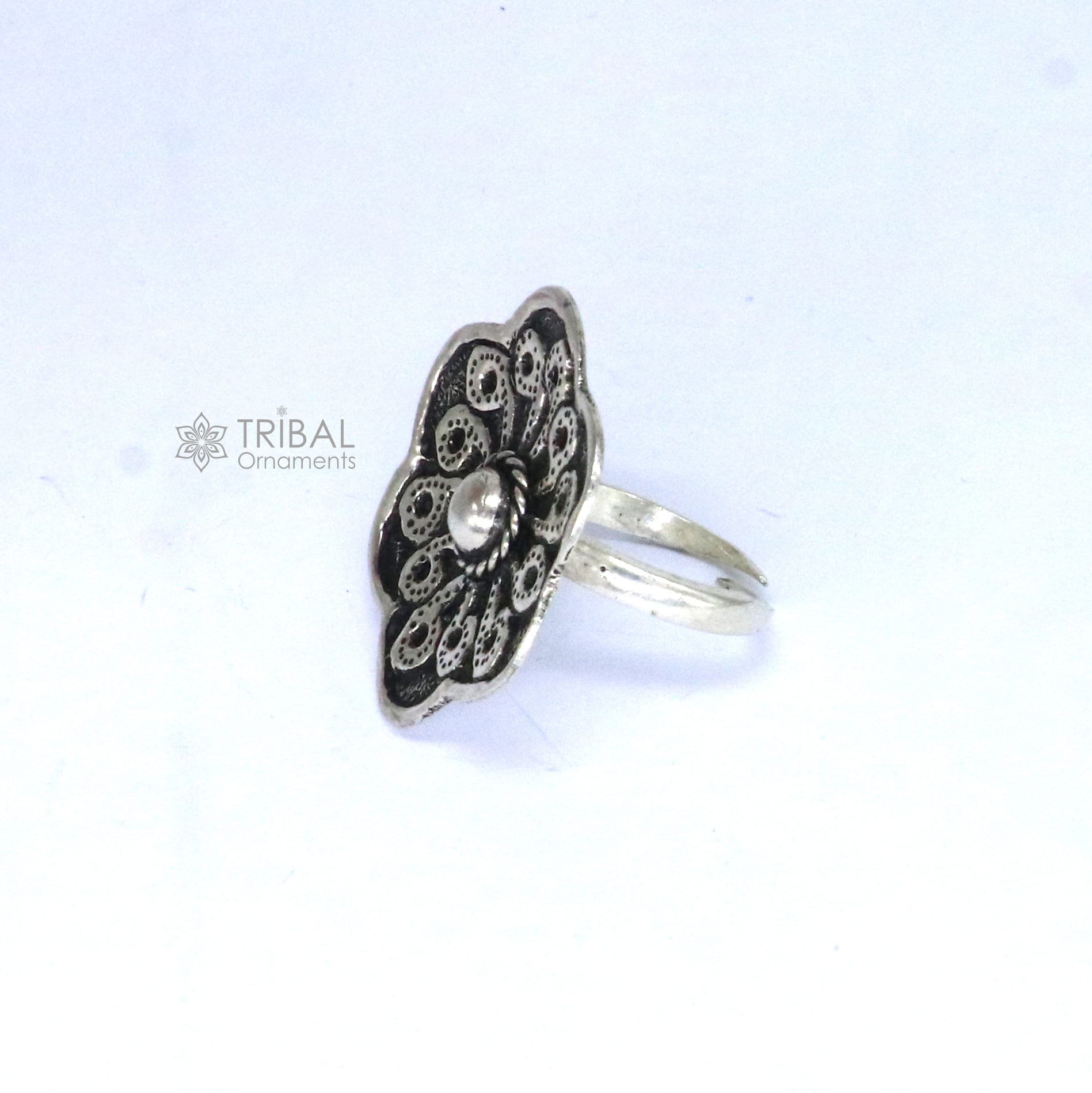 Traditional cultural flower design 925 sterling silver adjustable ring, best tribal ethnic jewelry for belly dance Navratri jewelry sr386 - TRIBAL ORNAMENTS