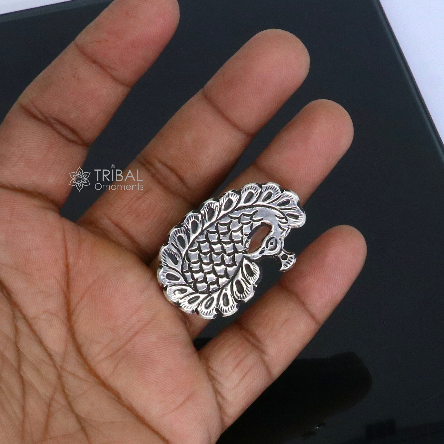 Peacock design Indian Classical cultural 925 sterling silver adjustable ring, best tribal ethnic jewelry Navratri jewelry sr395 - TRIBAL ORNAMENTS