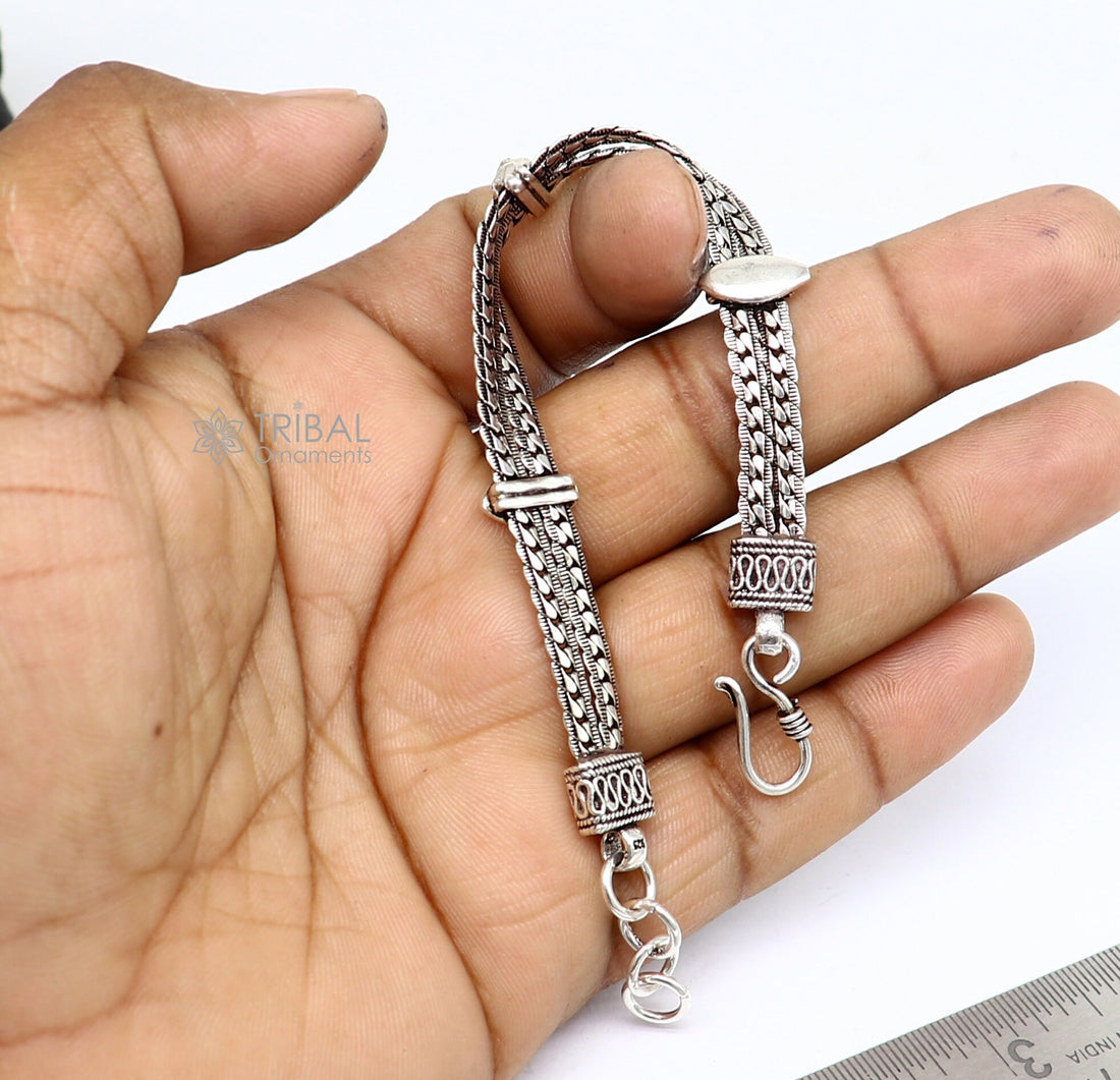 925 sterling silver handmade Wheat chain 2 line vintage antique design bracelet, excellent unisex gifting jewelry India sbr694 - TRIBAL ORNAMENTS