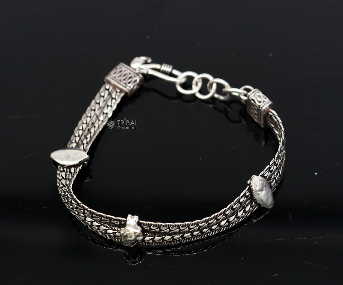 925 sterling silver handmade Wheat chain 2 line vintage antique design bracelet, excellent unisex gifting jewelry India sbr694 - TRIBAL ORNAMENTS