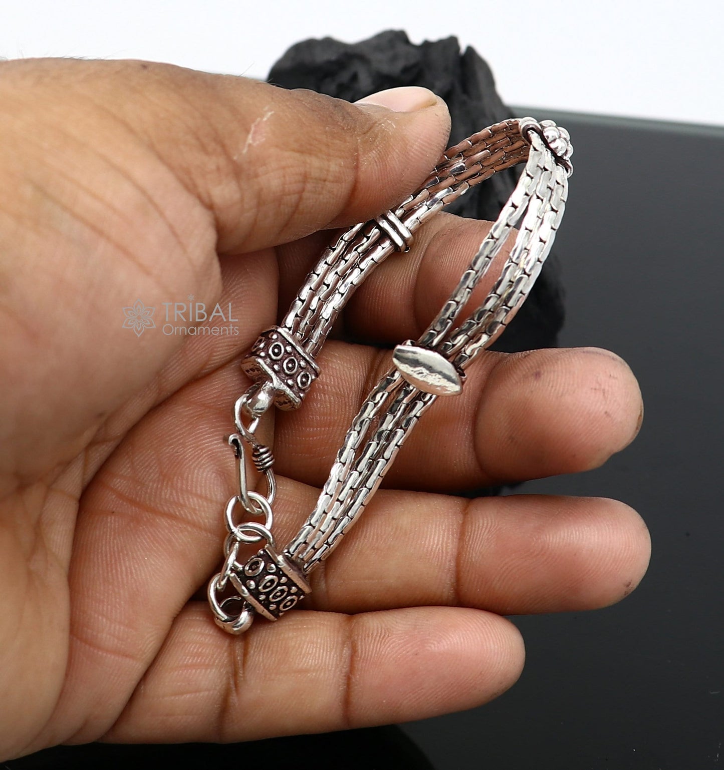 Vintage designer 925 sterling silver handmade 3 line chain 8 inches customized bracelet, Amazing oxidized personalized gift sbr697 - TRIBAL ORNAMENTS