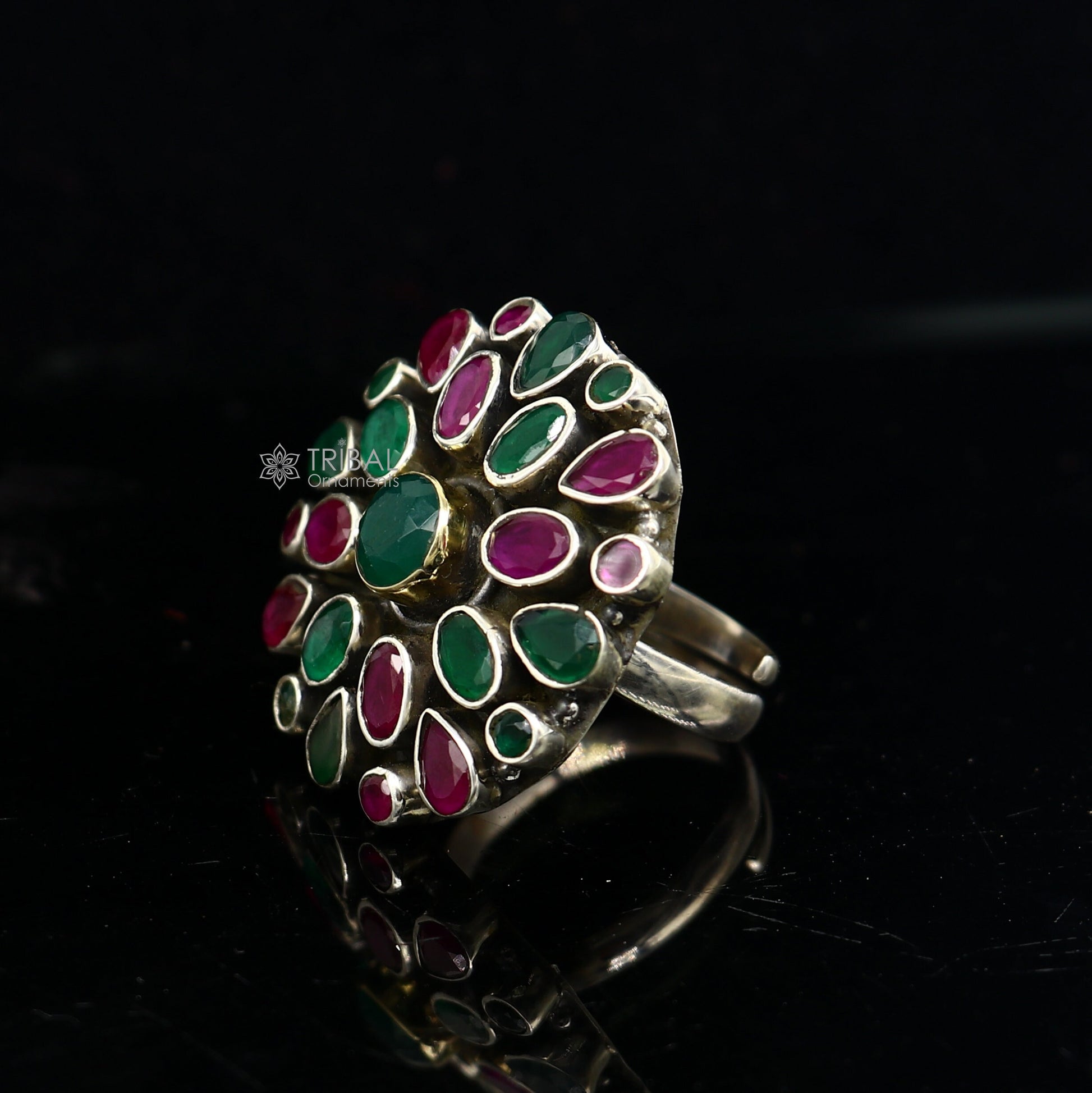 Green and red cut stone 925 sterling silver handmade silver charm ring band adjustable ring brides personalized jewelry sr405 - TRIBAL ORNAMENTS