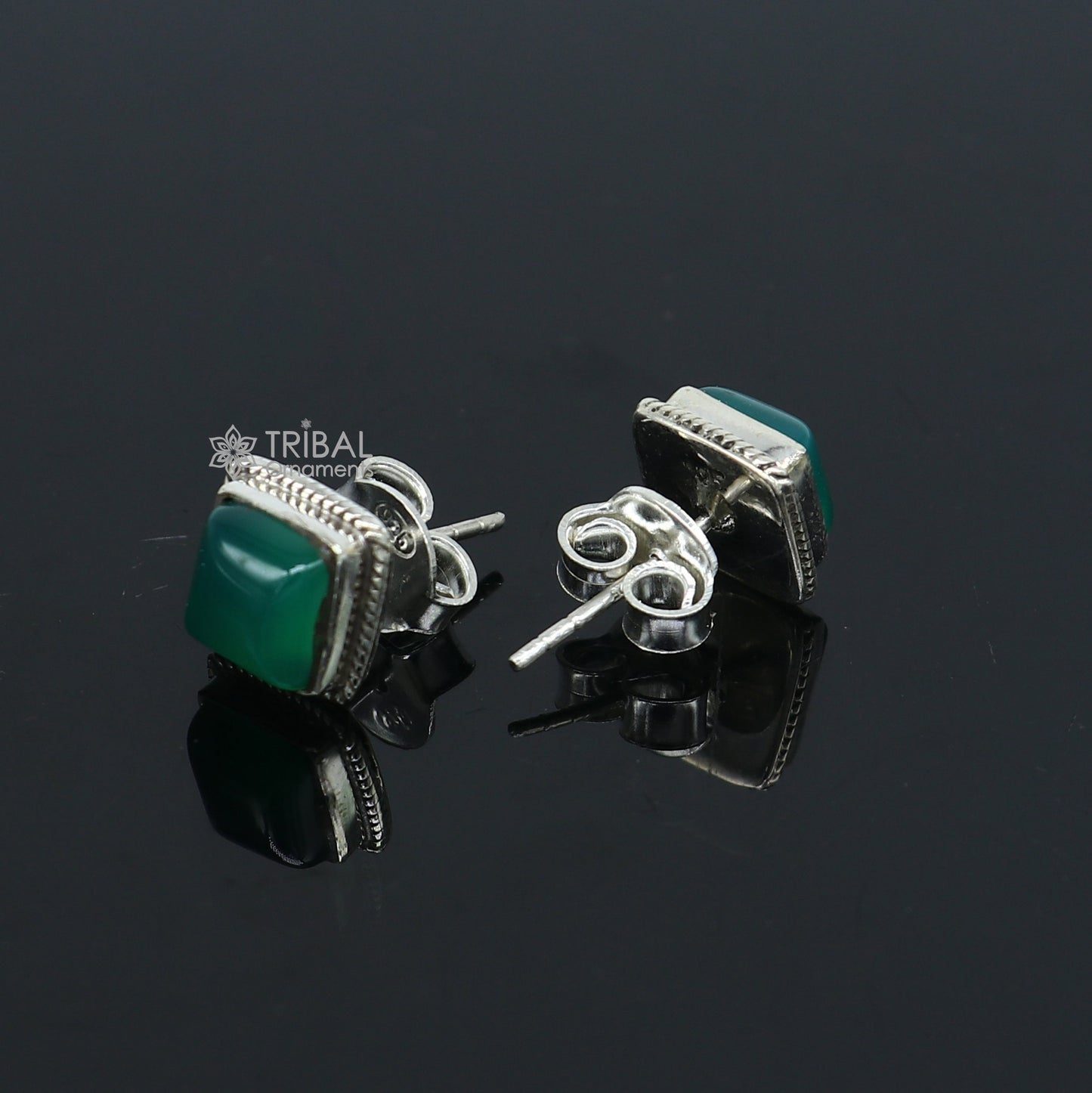10MM 925 sterling silver fabulous green onyx stone square shape stud earrings, best unisex jewelry fancy earrings daily use jewelry s1225 - TRIBAL ORNAMENTS