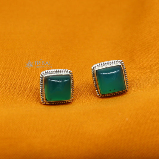 10MM 925 sterling silver fabulous green onyx stone square shape stud earrings, best unisex jewelry fancy earrings daily use jewelry s1225 - TRIBAL ORNAMENTS