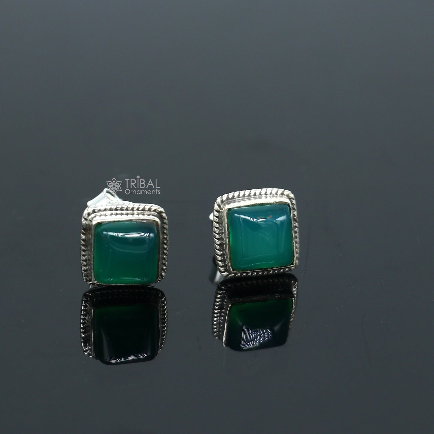 10MM 925 sterling silver fabulous green onyx stone square shape stud earrings, best unisex jewelry fancy earrings daily use jewelry s1225 - TRIBAL ORNAMENTS