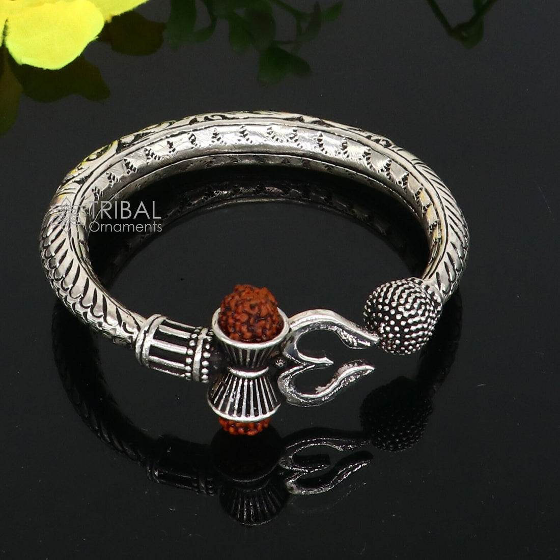 925 Sterling silver handmade chitai work Lord Shiva trident trishul kada bangle bracelet with natural Rudraksha customized kada nsk760 - TRIBAL ORNAMENTS