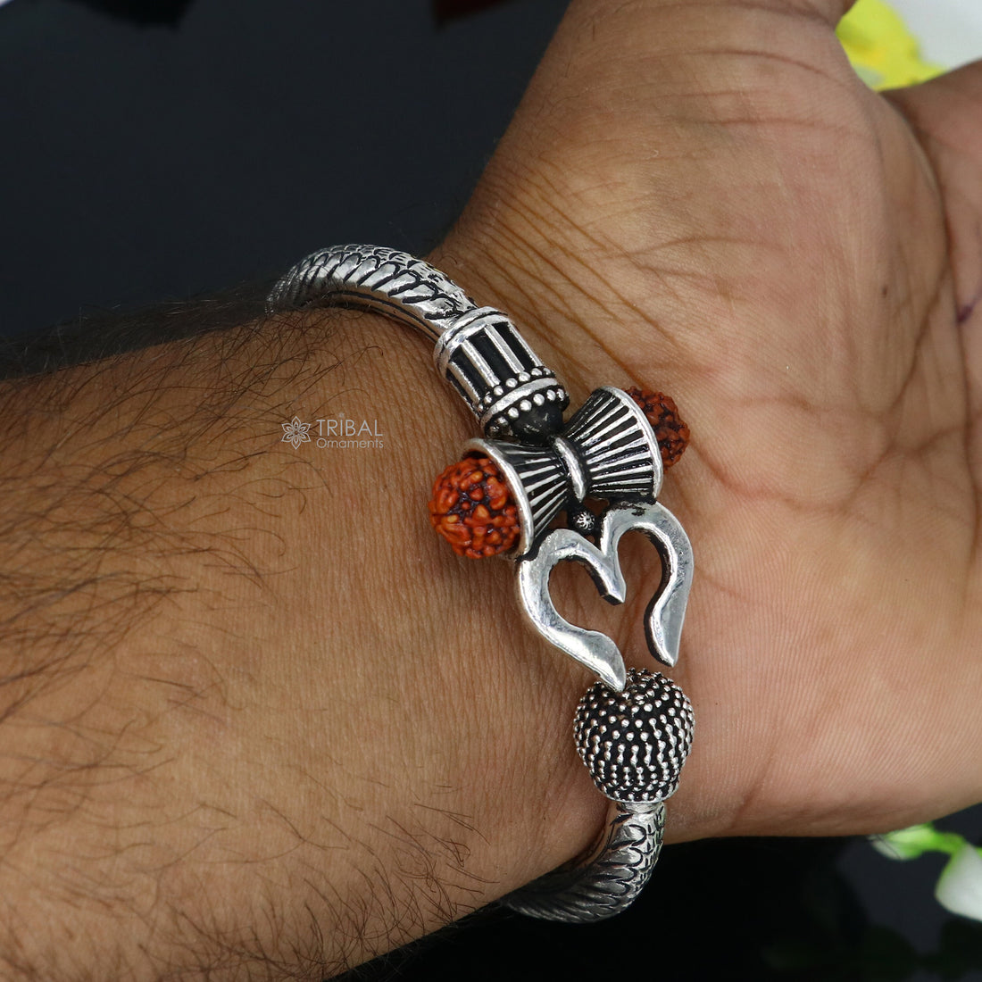 925 Sterling silver handmade chitai work Lord Shiva trident trishul kada bangle bracelet with natural Rudraksha customized kada nsk760 - TRIBAL ORNAMENTS