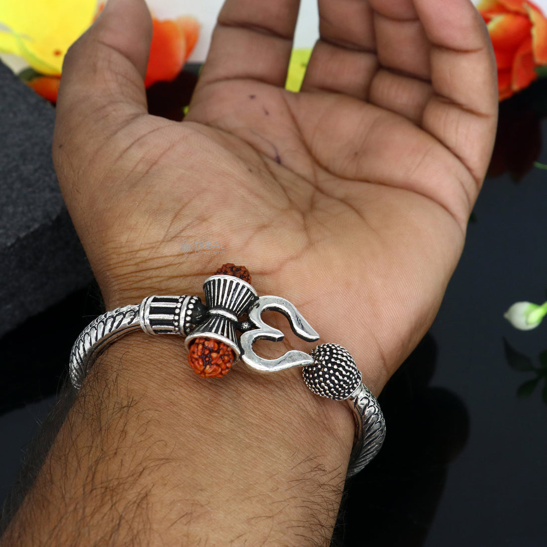 925 Sterling silver handmade chitai work Lord Shiva trident trishul kada bangle bracelet with natural Rudraksha customized kada nsk760 - TRIBAL ORNAMENTS