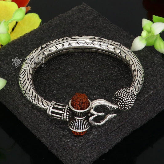 925 Sterling silver handmade chitai work Lord Shiva trident trishul kada bangle bracelet with natural Rudraksha customized kada nsk760 - TRIBAL ORNAMENTS