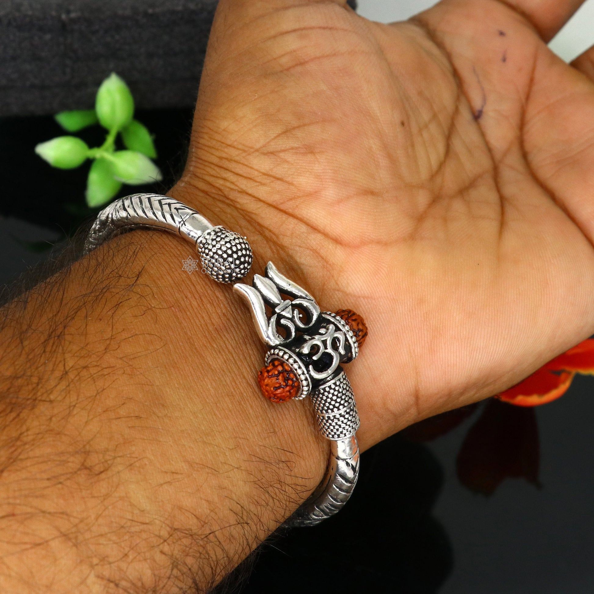 925 Sterling silver handmade Vintage style chitai work Lord Shiva trident trishul kada bangle bracelet with Rudraksha customized kada nsk761 - TRIBAL ORNAMENTS