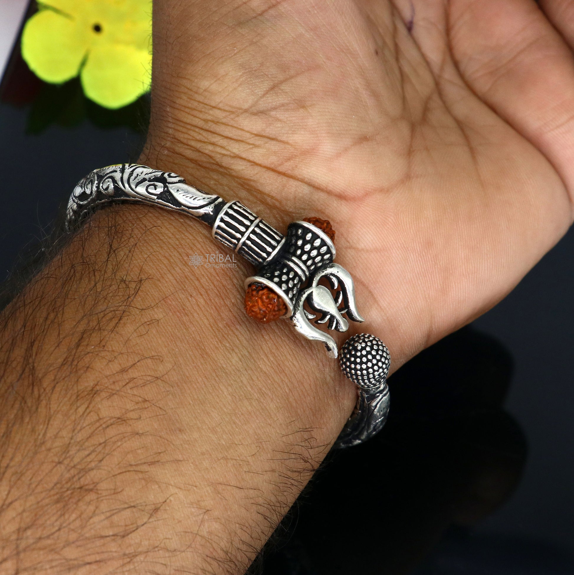 925 Sterling silver handmade Vintage style chitai work Lord Shiva trident trishul kada bangle bracelet with Rudraksha customized kada nsk762 - TRIBAL ORNAMENTS