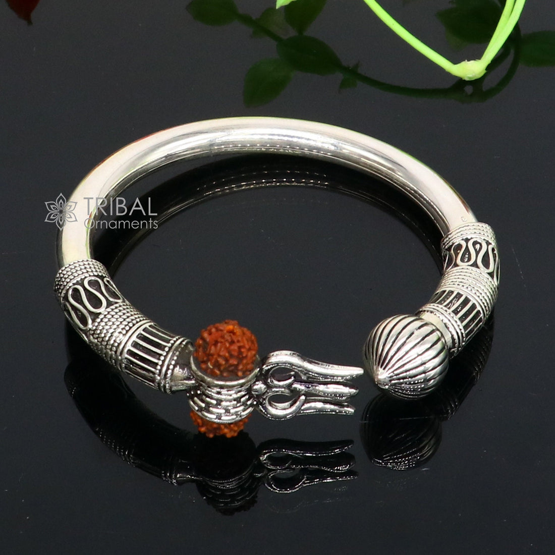 925 Sterling silver handmade plain shiny Lord Shiva trident Trishul Kada bangle bracelet with natural Rudraksha customized kada nsk764 - TRIBAL ORNAMENTS