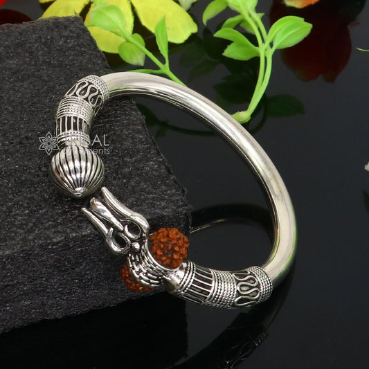 925 Sterling silver handmade plain shiny Lord Shiva trident Trishul Kada bangle bracelet with natural Rudraksha customized kada nsk764 - TRIBAL ORNAMENTS
