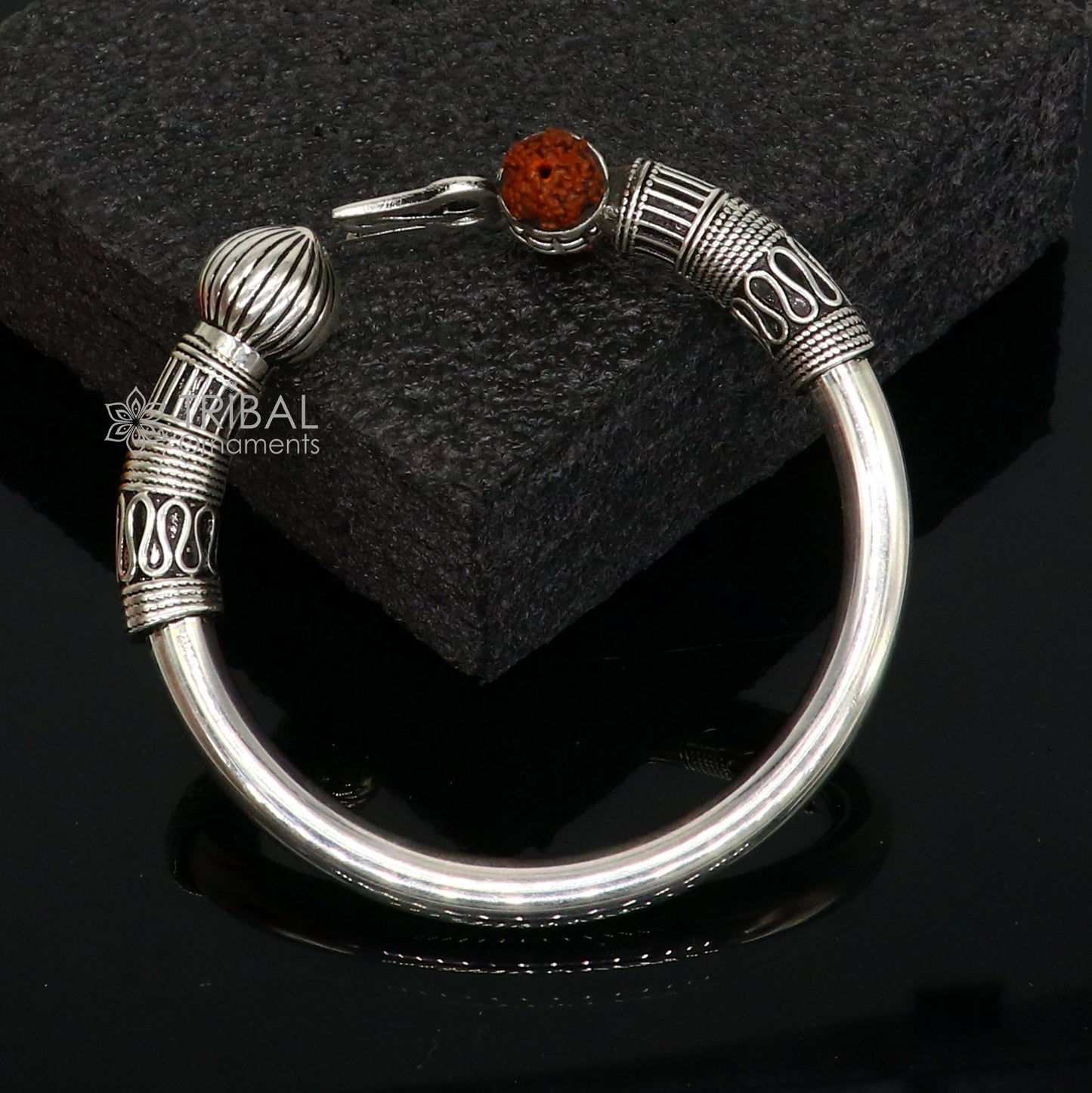 925 Sterling silver handmade plain shiny Lord Shiva trident Trishul Kada bangle bracelet with natural Rudraksha customized kada nsk764 - TRIBAL ORNAMENTS