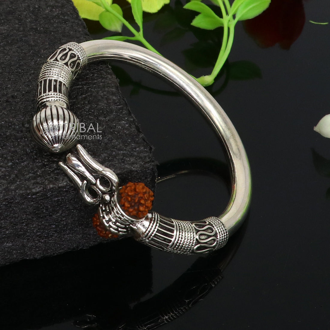 925 Sterling silver handmade plain shiny Lord Shiva trident Trishul Kada bangle bracelet with natural Rudraksha customized kada nsk764 - TRIBAL ORNAMENTS