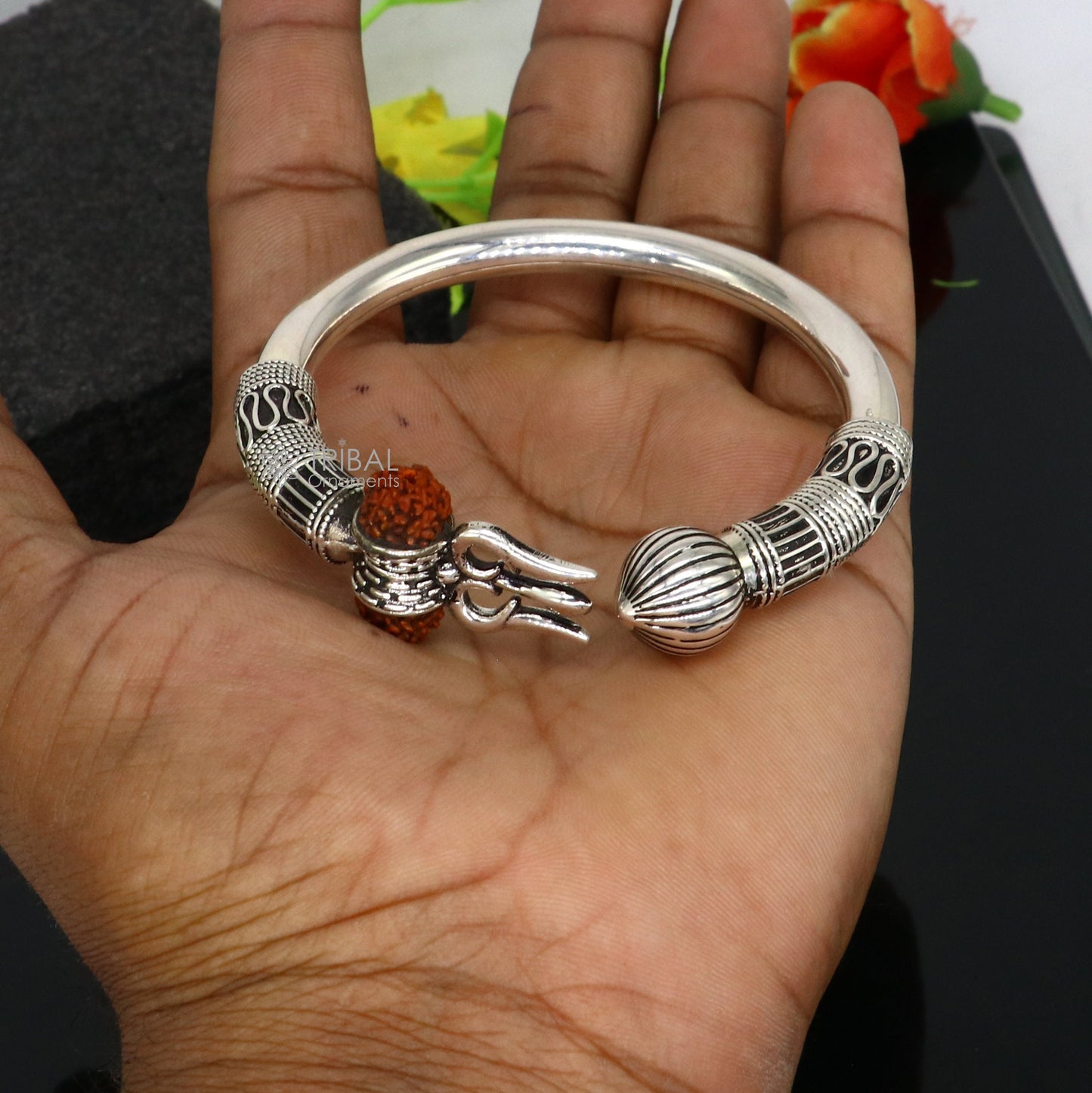 925 Sterling silver handmade plain shiny Lord Shiva trident Trishul Kada bangle bracelet with natural Rudraksha customized kada nsk764 - TRIBAL ORNAMENTS