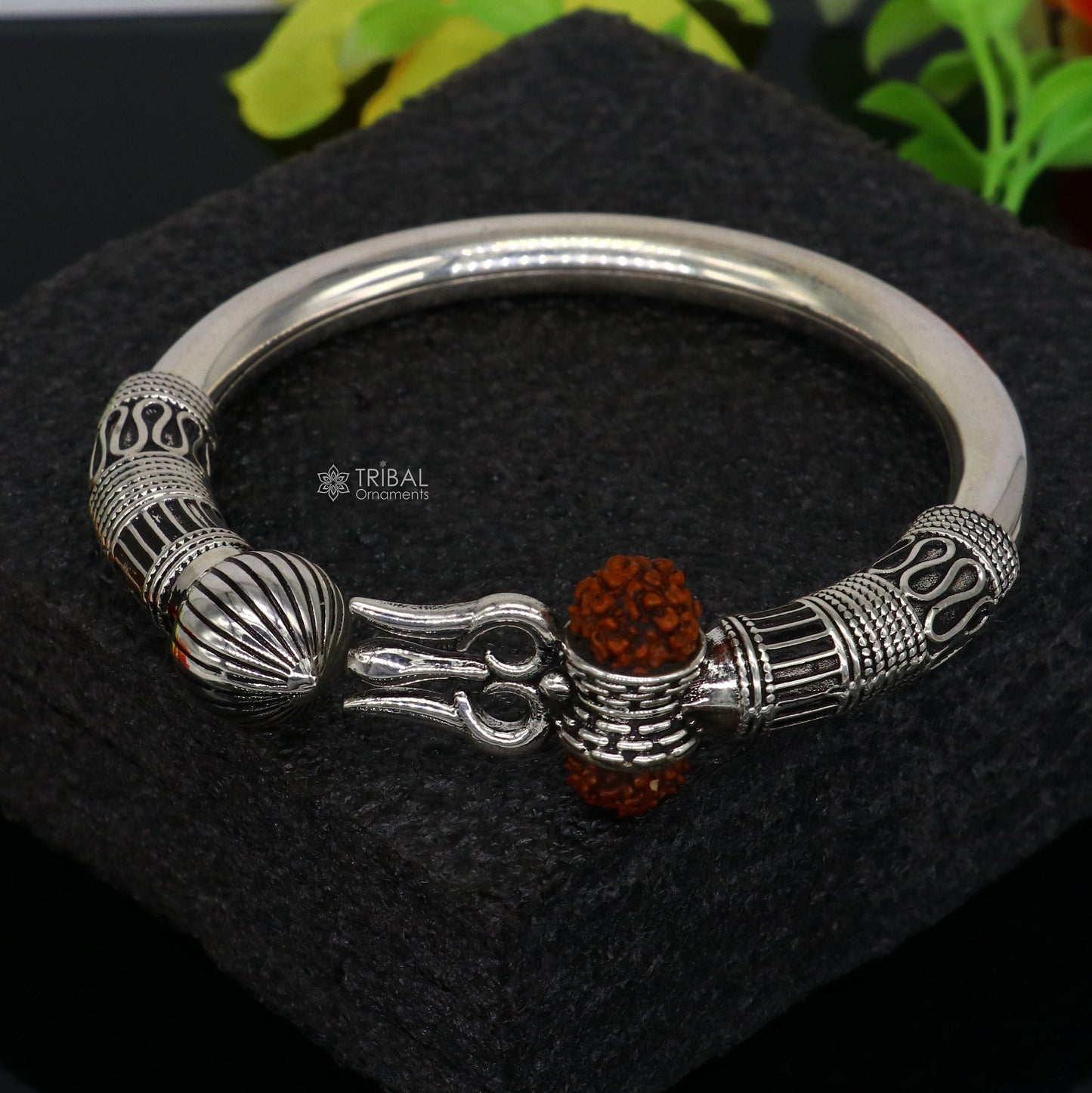 925 Sterling silver handmade plain shiny Lord Shiva trident Trishul Kada bangle bracelet with natural Rudraksha customized kada nsk764 - TRIBAL ORNAMENTS