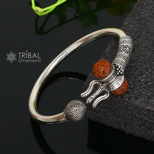 925 Sterling silver handmade plain shiny Lord Shiva trident Trishul Kada bangle bracelet with natural Rudraksha customized kada nsk765 - TRIBAL ORNAMENTS