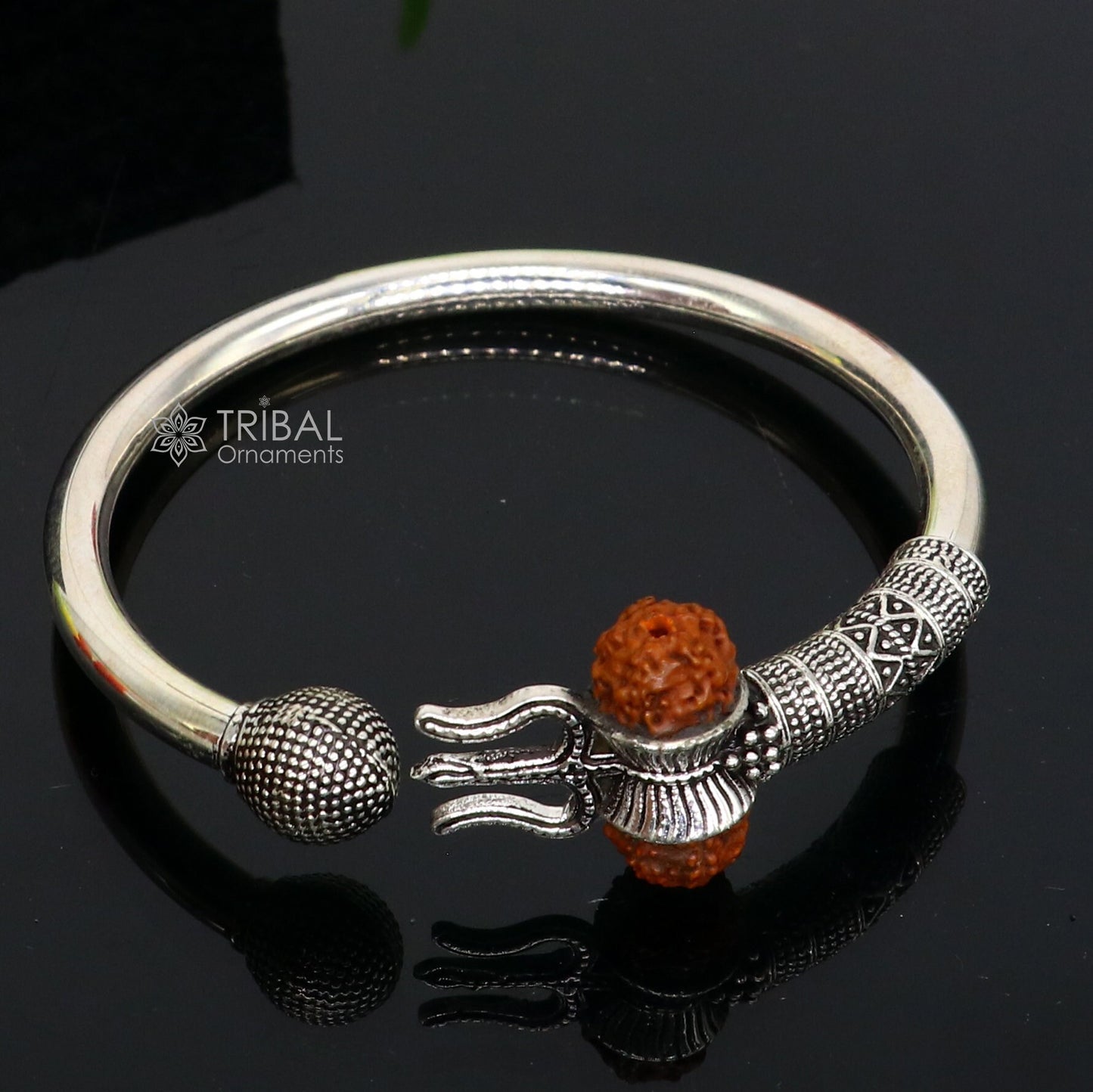 925 Sterling silver handmade plain shiny Lord Shiva trident Trishul Kada bangle bracelet with natural Rudraksha customized kada nsk765 - TRIBAL ORNAMENTS