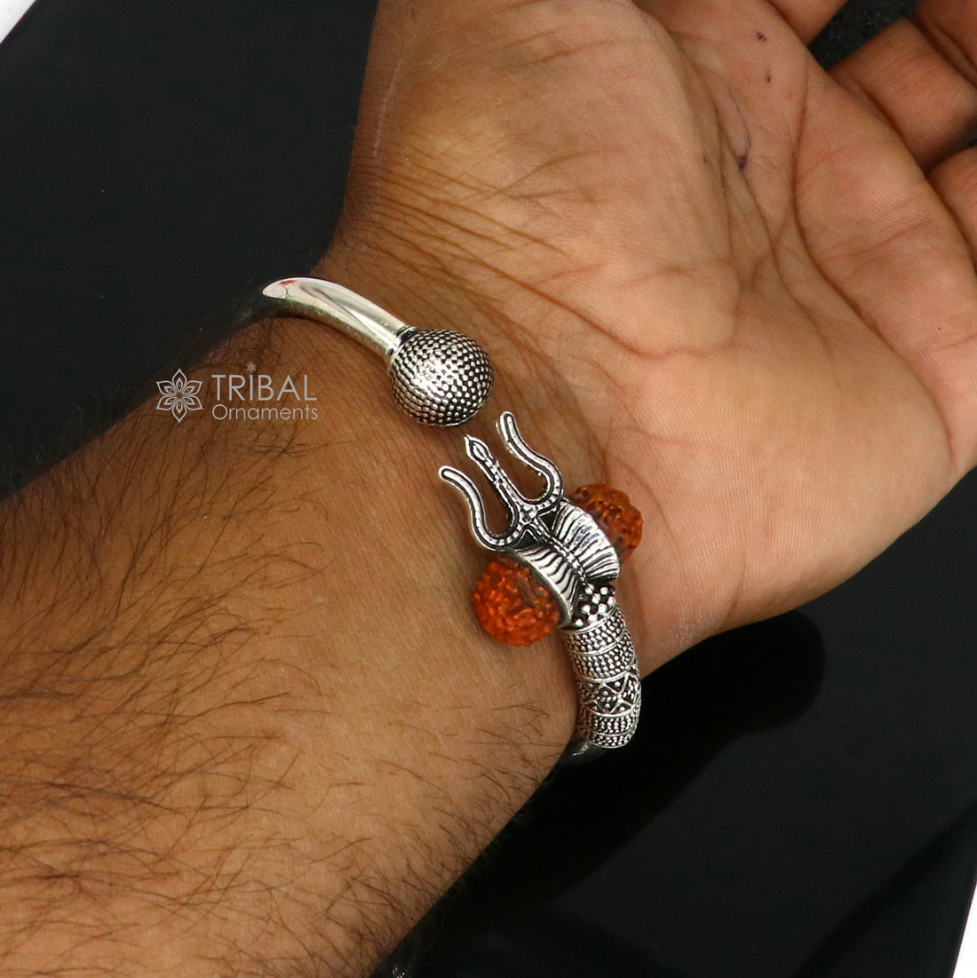 925 Sterling silver handmade plain shiny Lord Shiva trident Trishul Kada bangle bracelet with natural Rudraksha customized kada nsk765 - TRIBAL ORNAMENTS