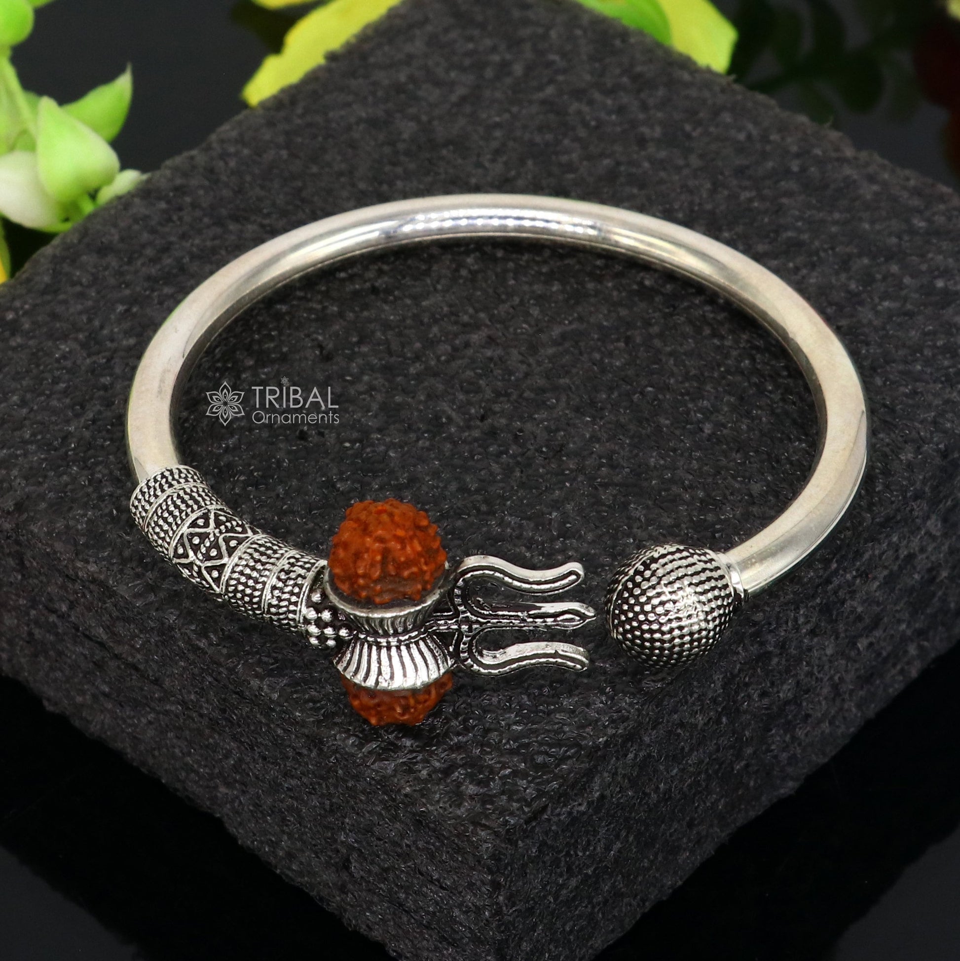 925 Sterling silver handmade plain shiny Lord Shiva trident Trishul Kada bangle bracelet with natural Rudraksha customized kada nsk765 - TRIBAL ORNAMENTS
