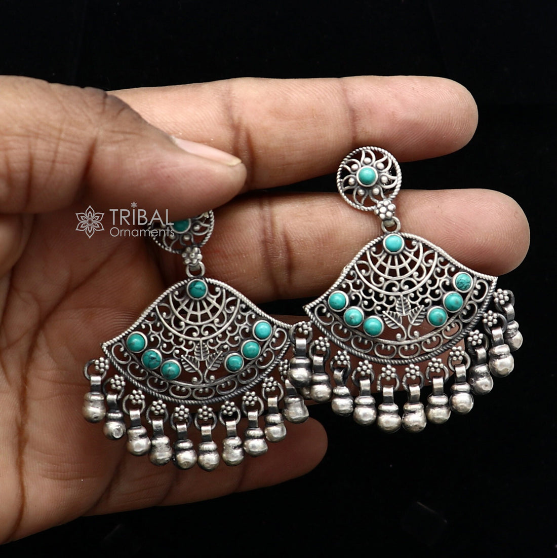 925 sterling silver handmade floral design turquoise stone stud earrings with hanging bells Ghungroo ethnic brides functional jewelry s1234 - TRIBAL ORNAMENTS