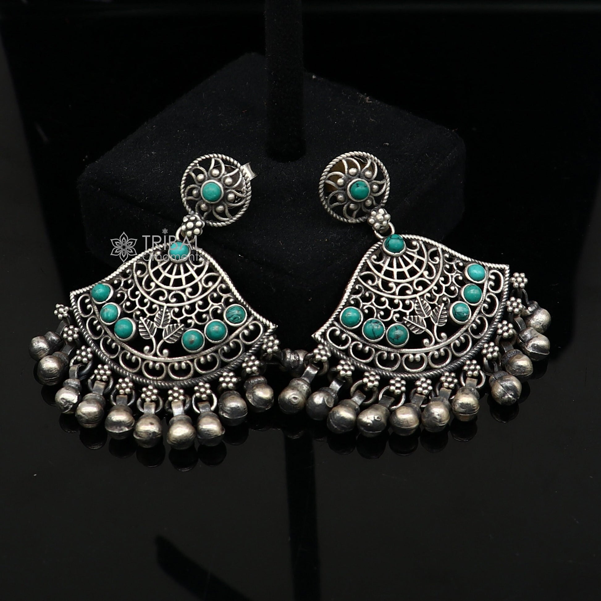 925 sterling silver handmade floral design turquoise stone stud earrings with hanging bells Ghungroo ethnic brides functional jewelry s1234 - TRIBAL ORNAMENTS