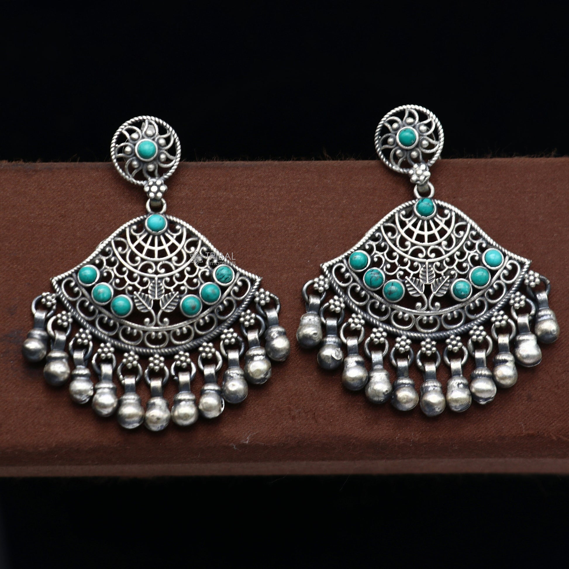 925 sterling silver handmade floral design turquoise stone stud earrings with hanging bells Ghungroo ethnic brides functional jewelry s1234 - TRIBAL ORNAMENTS