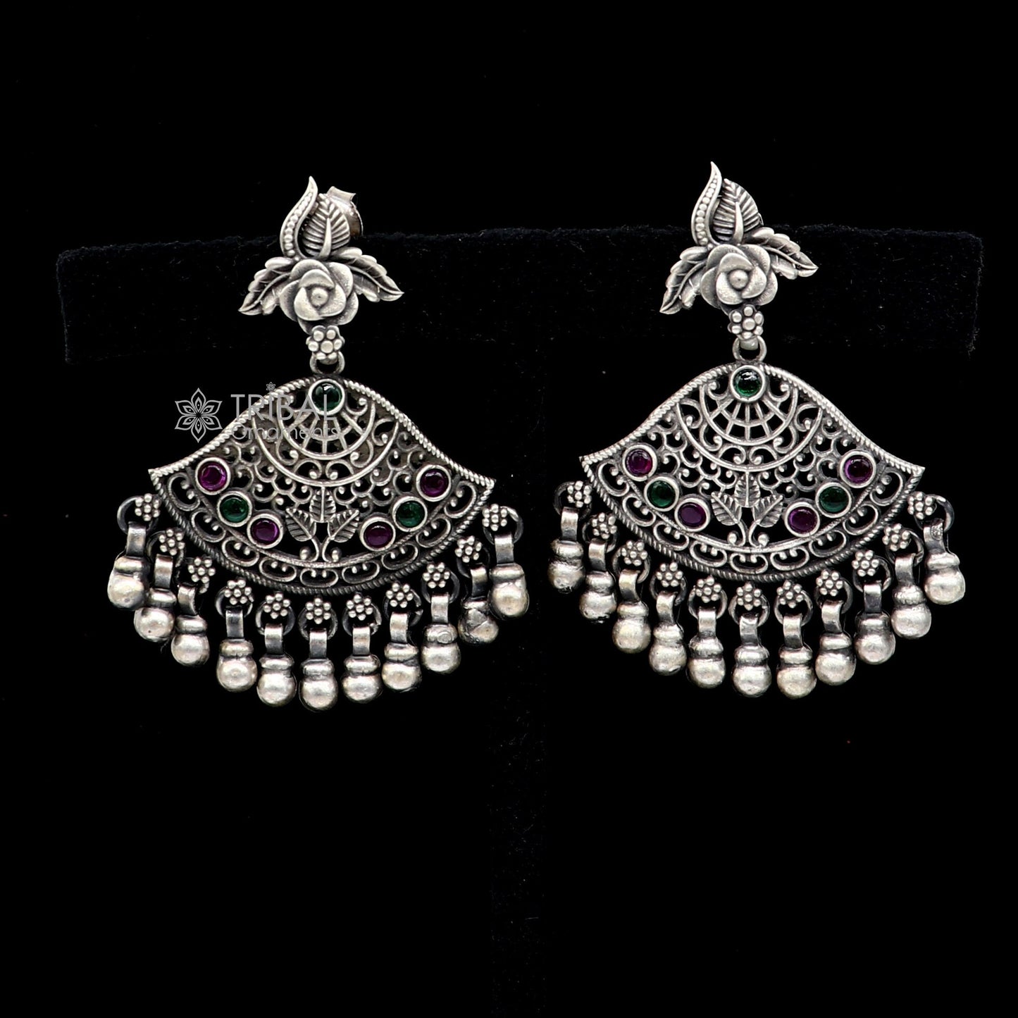 925 sterling silver handmade floral design red & green stone earrings with hanging drops Ghungroo ethnic brides functional jewelry s1235 - TRIBAL ORNAMENTS
