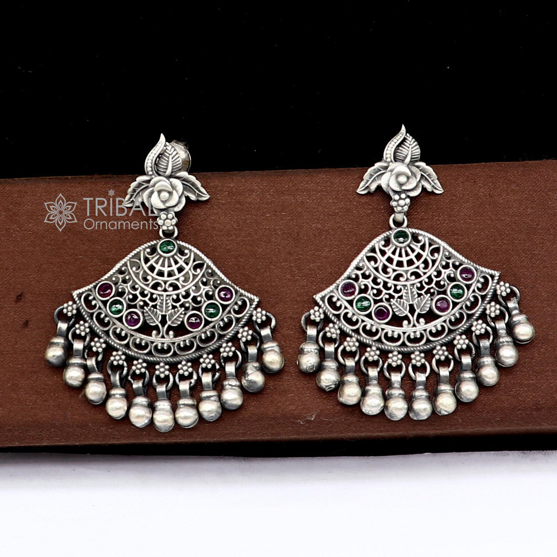 925 sterling silver handmade floral design red & green stone earrings with hanging drops Ghungroo ethnic brides functional jewelry s1235 - TRIBAL ORNAMENTS