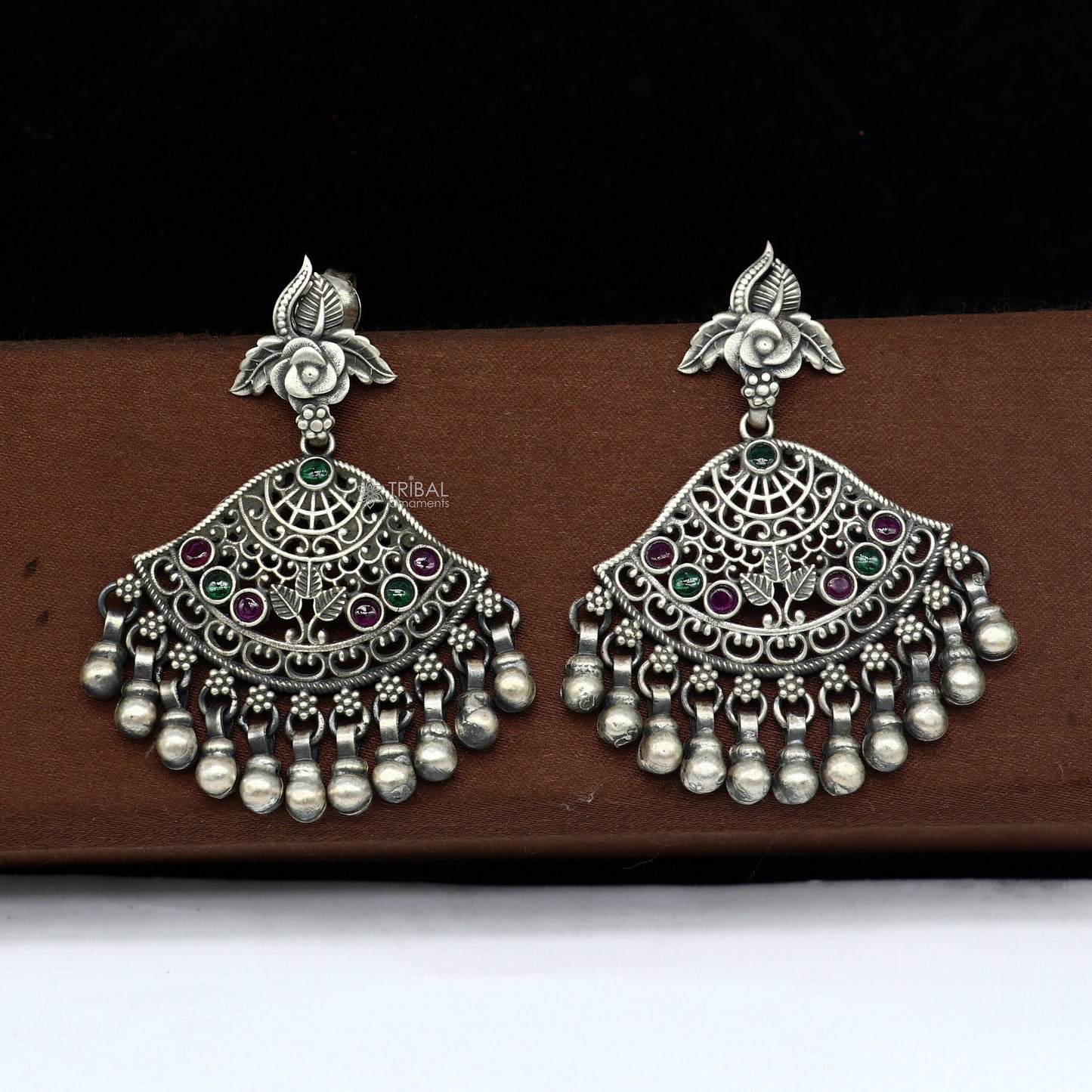 925 sterling silver handmade floral design red & green stone earrings with hanging drops Ghungroo ethnic brides functional jewelry s1235 - TRIBAL ORNAMENTS