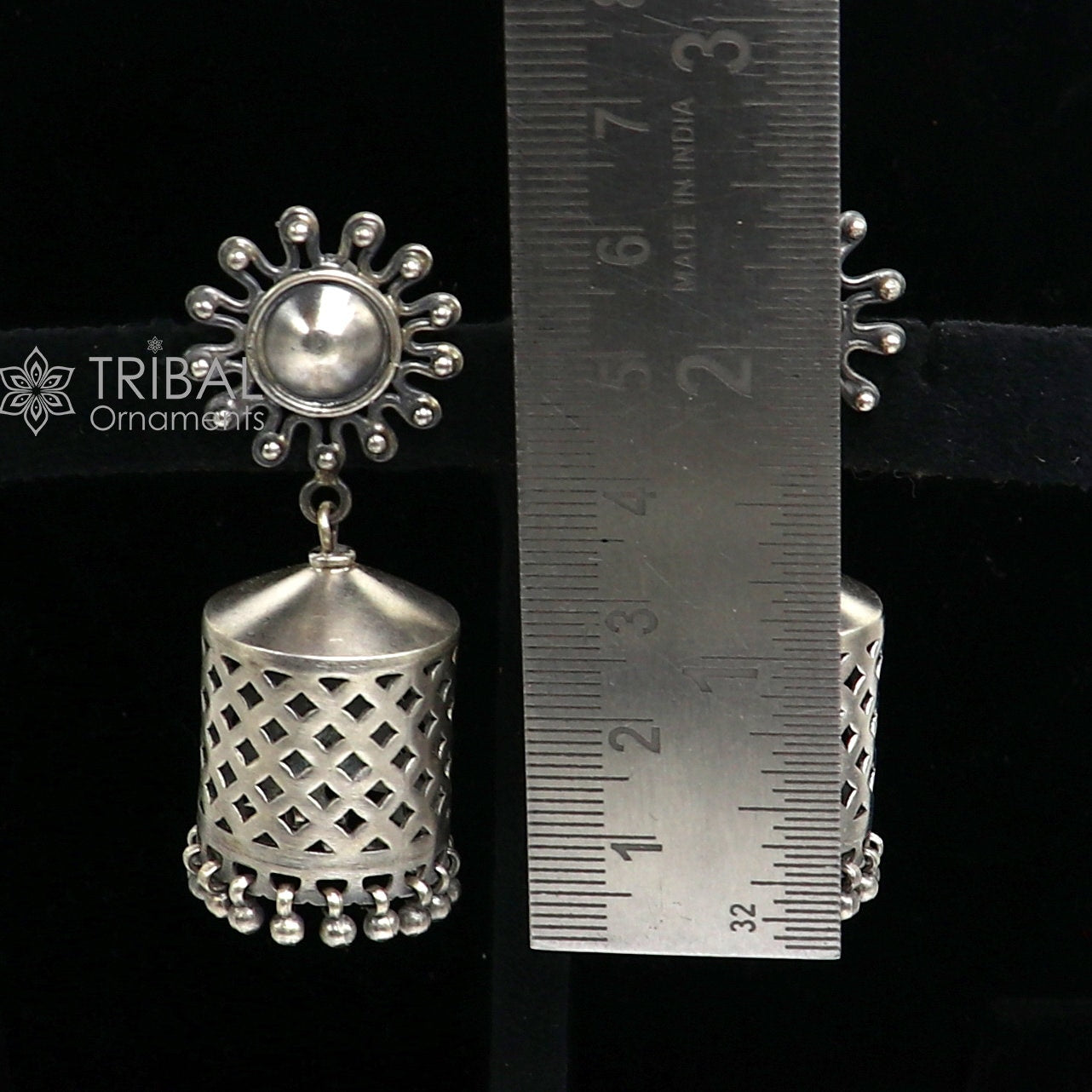 925 Sterling silver handmade traditional cultural design drop dangler jhumka earrings, best party functional Navratri jewelry s1236 - TRIBAL ORNAMENTS