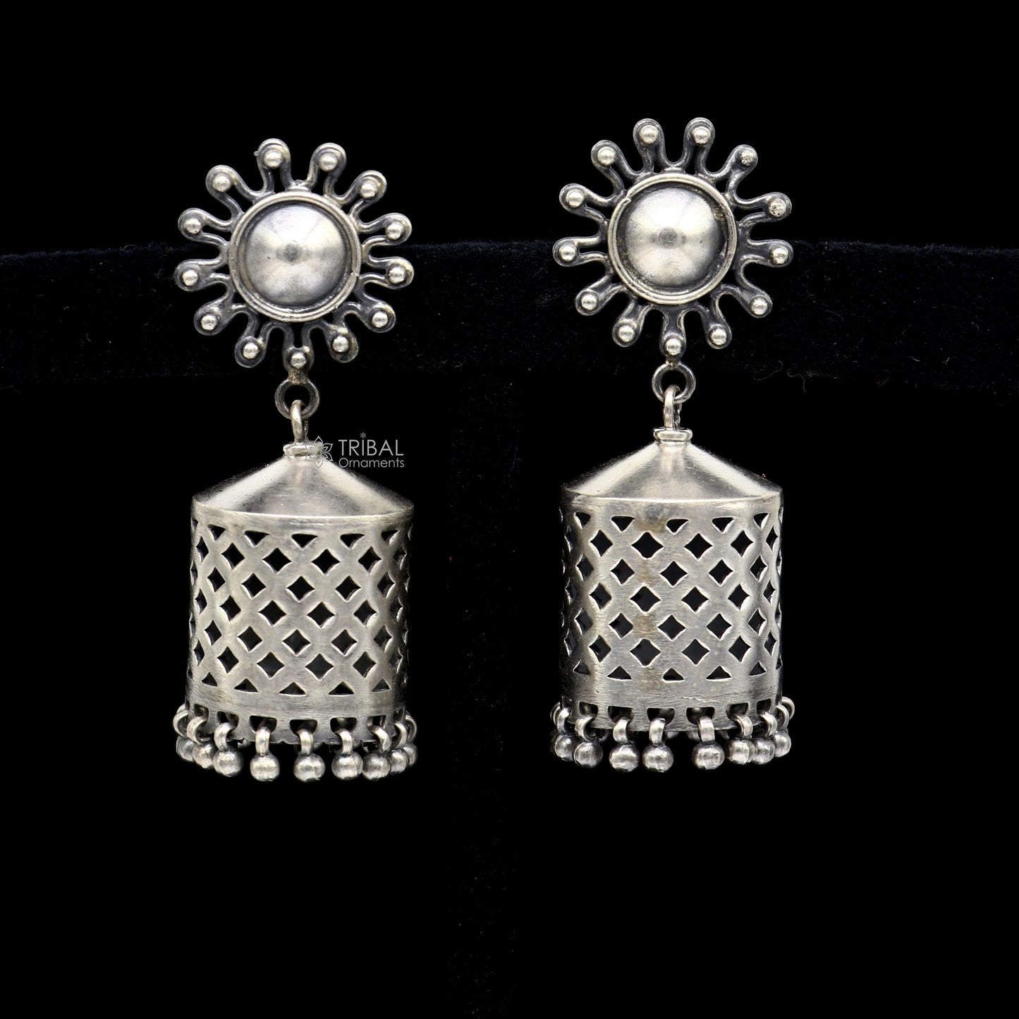 925 Sterling silver handmade traditional cultural design drop dangler jhumka earrings, best party functional Navratri jewelry s1236 - TRIBAL ORNAMENTS