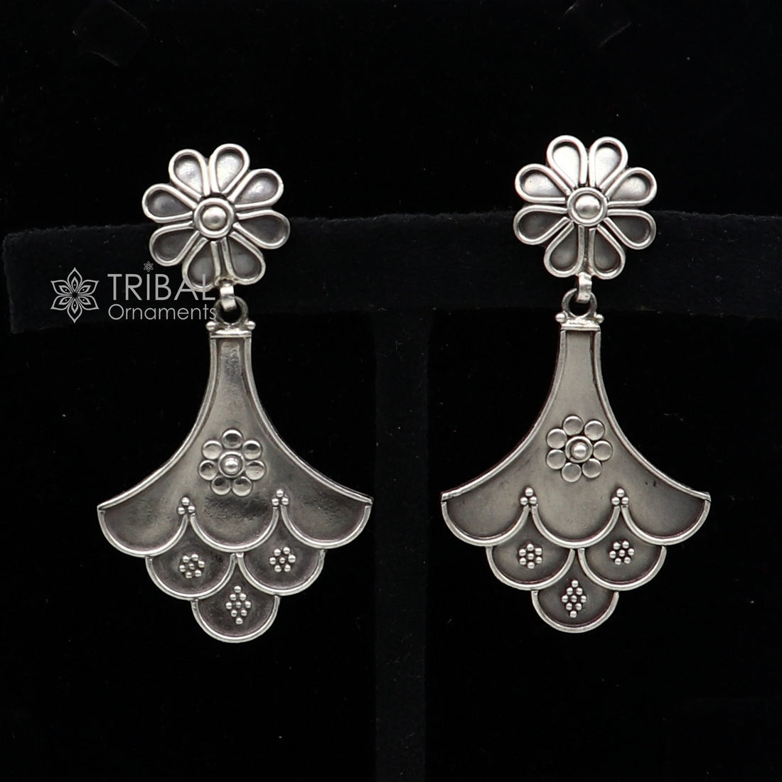 925 Sterling silver handmade traditional cultural design drop dangler fancy earrings, best party functional Navratri jewelry s1237 - TRIBAL ORNAMENTS