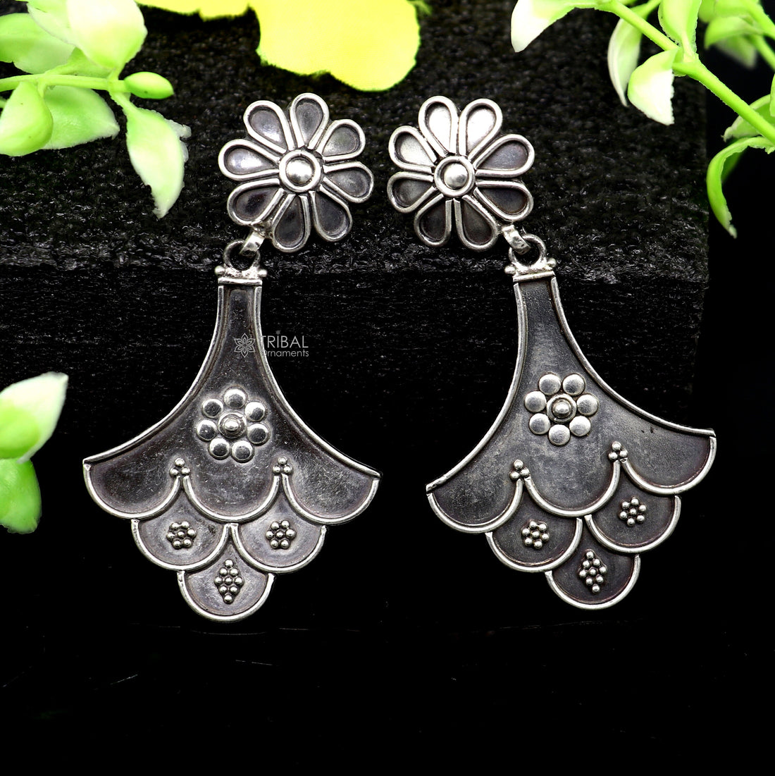 925 Sterling silver handmade traditional cultural design drop dangler fancy earrings, best party functional Navratri jewelry s1237 - TRIBAL ORNAMENTS