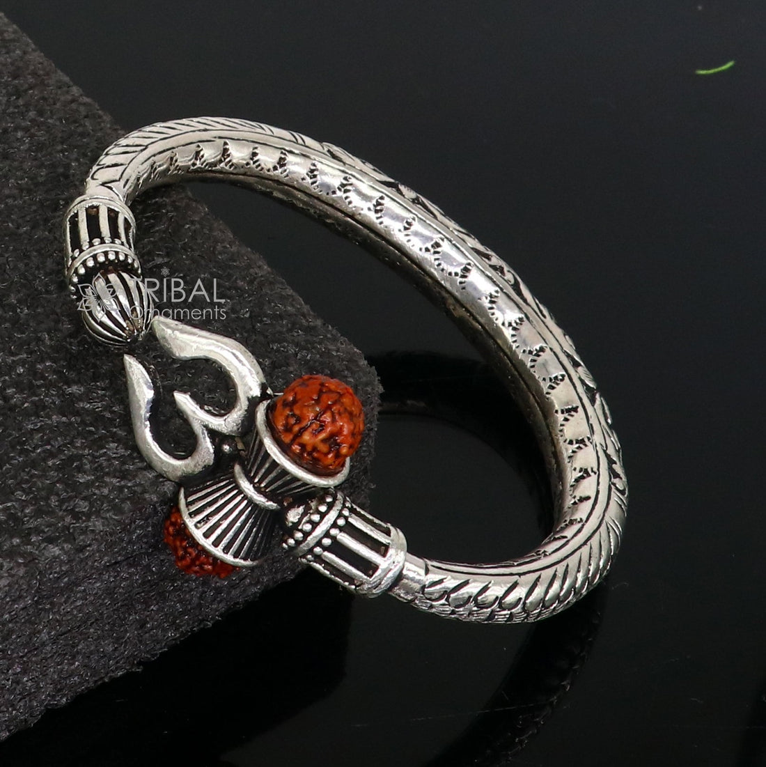 925 Sterling silver handmade Vintage style chitai work Lord Shiva trident trishul kada bangle bracelet with Rudraksha customized kada nsk767 - TRIBAL ORNAMENTS