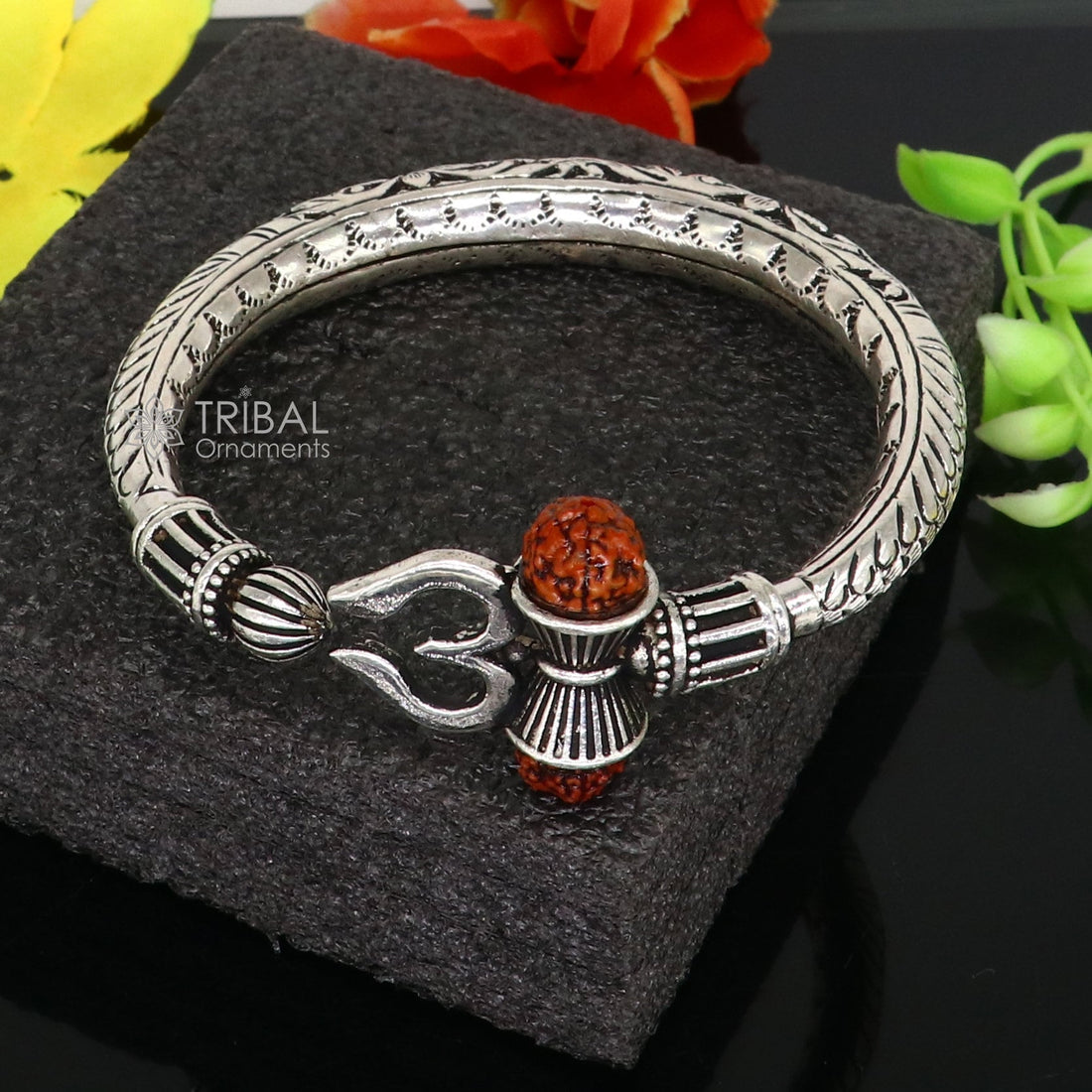 925 Sterling silver handmade Vintage style chitai work Lord Shiva trident trishul kada bangle bracelet with Rudraksha customized kada nsk767 - TRIBAL ORNAMENTS